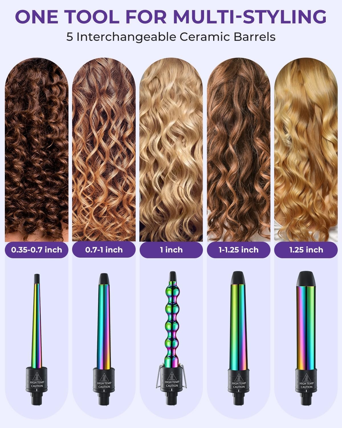 image:image5 in 1 Curling Wand Set Ohuhu Curling Iron Wand 5Pcs 035 to 125 Inch Interchangeable Ceramic Barrel Heat Protective Glove 2 Clips Dual Voltage Hair Curler for Women PinkRainbow