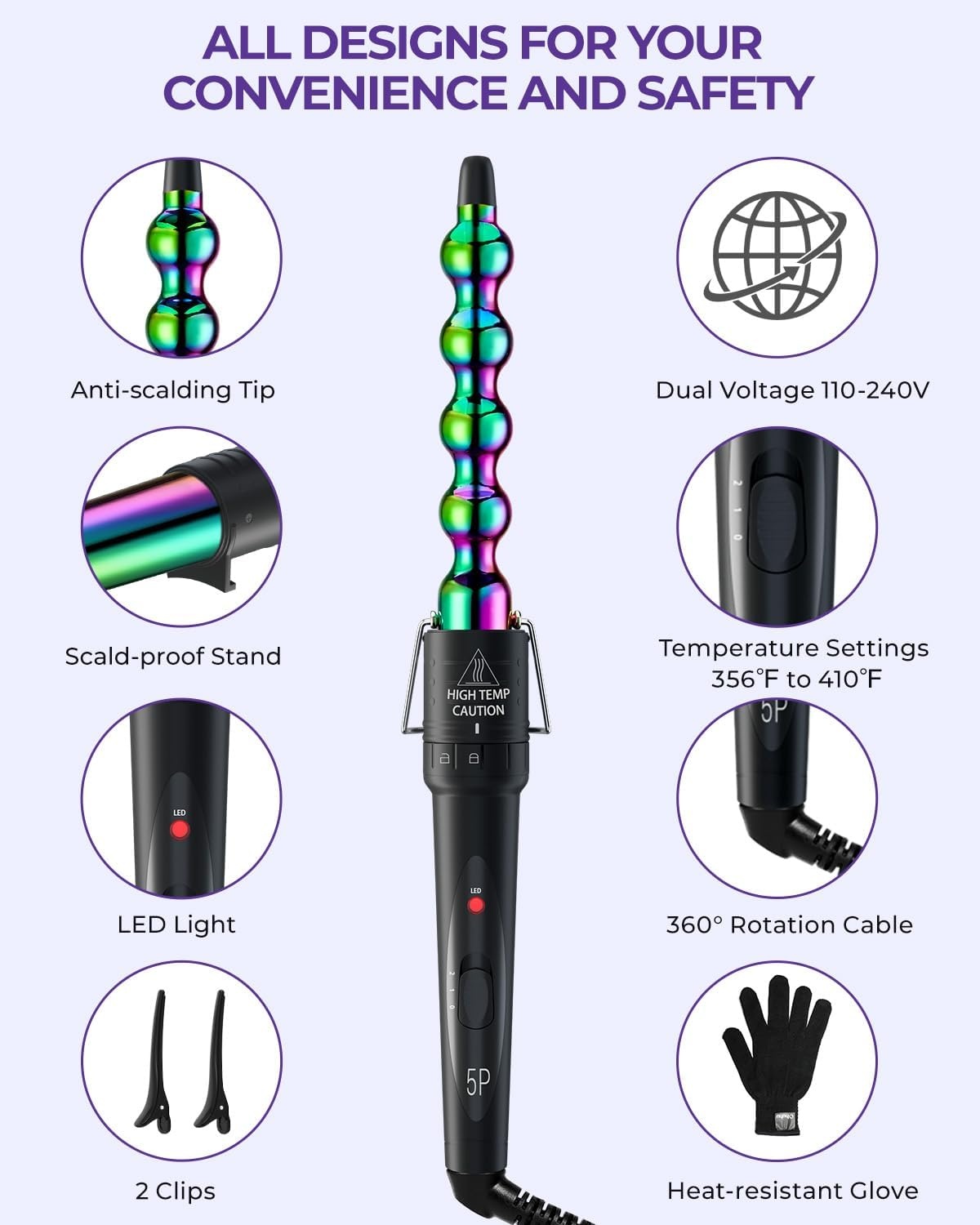 image:image5 in 1 Curling Wand Set Ohuhu Curling Iron Wand 5Pcs 035 to 125 Inch Interchangeable Ceramic Barrel Heat Protective Glove 2 Clips Dual Voltage Hair Curler for Women PinkRainbow