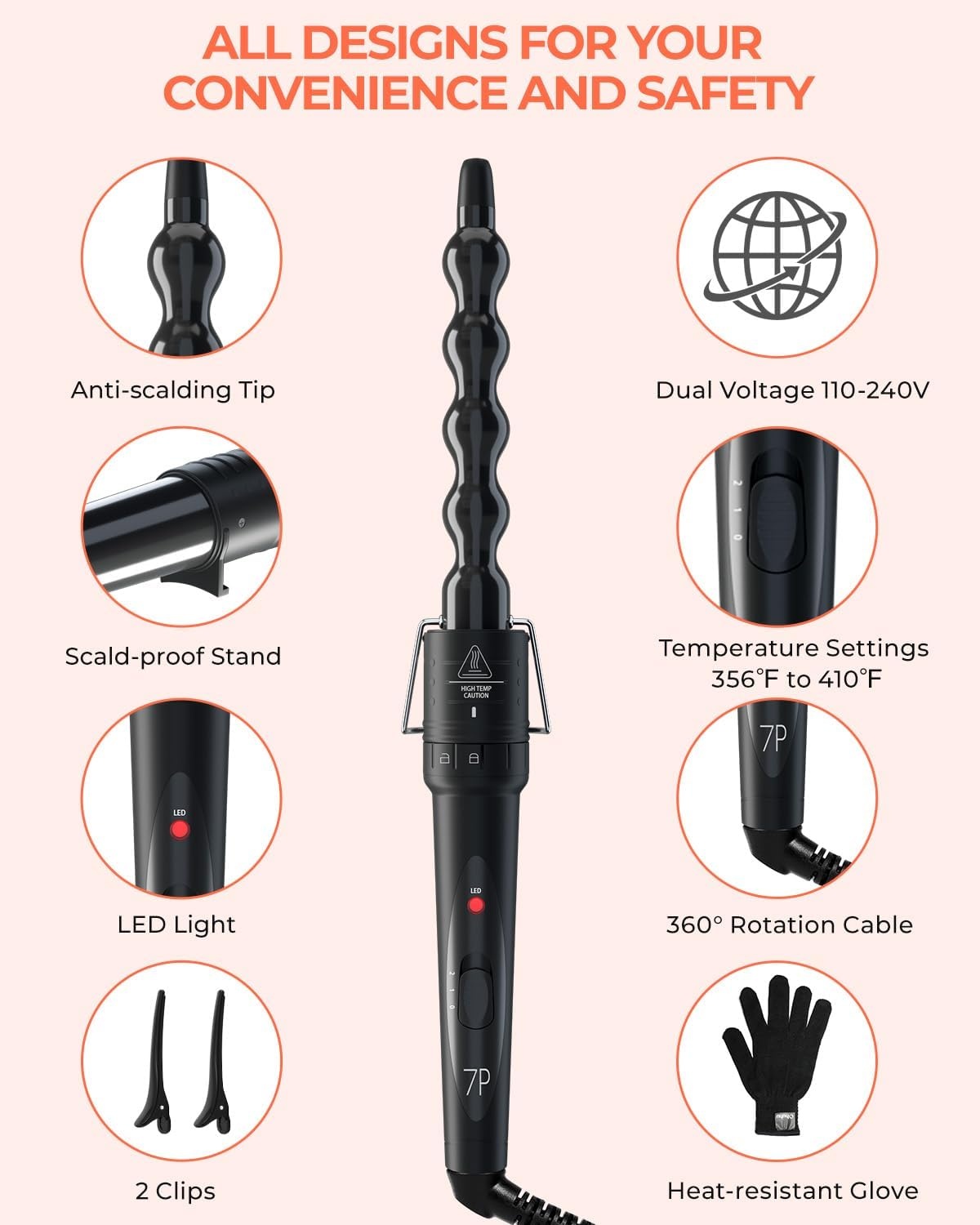 image:image7 in 1 Curling Wand Set Ohuhu Curling Iron Wand 7Pcs 035 to 125 Inch Interchangeable Ceramic Barrel Heat Protective Glove 2 Clips Dual Voltage Hair Curler Women BlackBlack