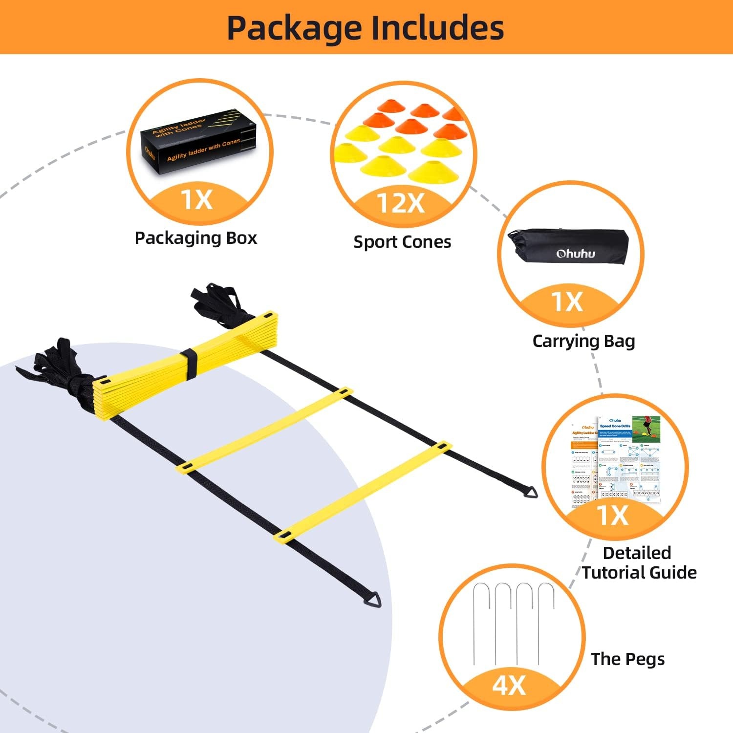 image:imageAgility Ladder Speed Training Set Ohuhu 12 Rung 20ft Soccer Training Equipment for Kids with 12 Cones 4 Steel Stakes Instruction Manual amp Carrying Bag for Football Exercise Sports Footwork Training