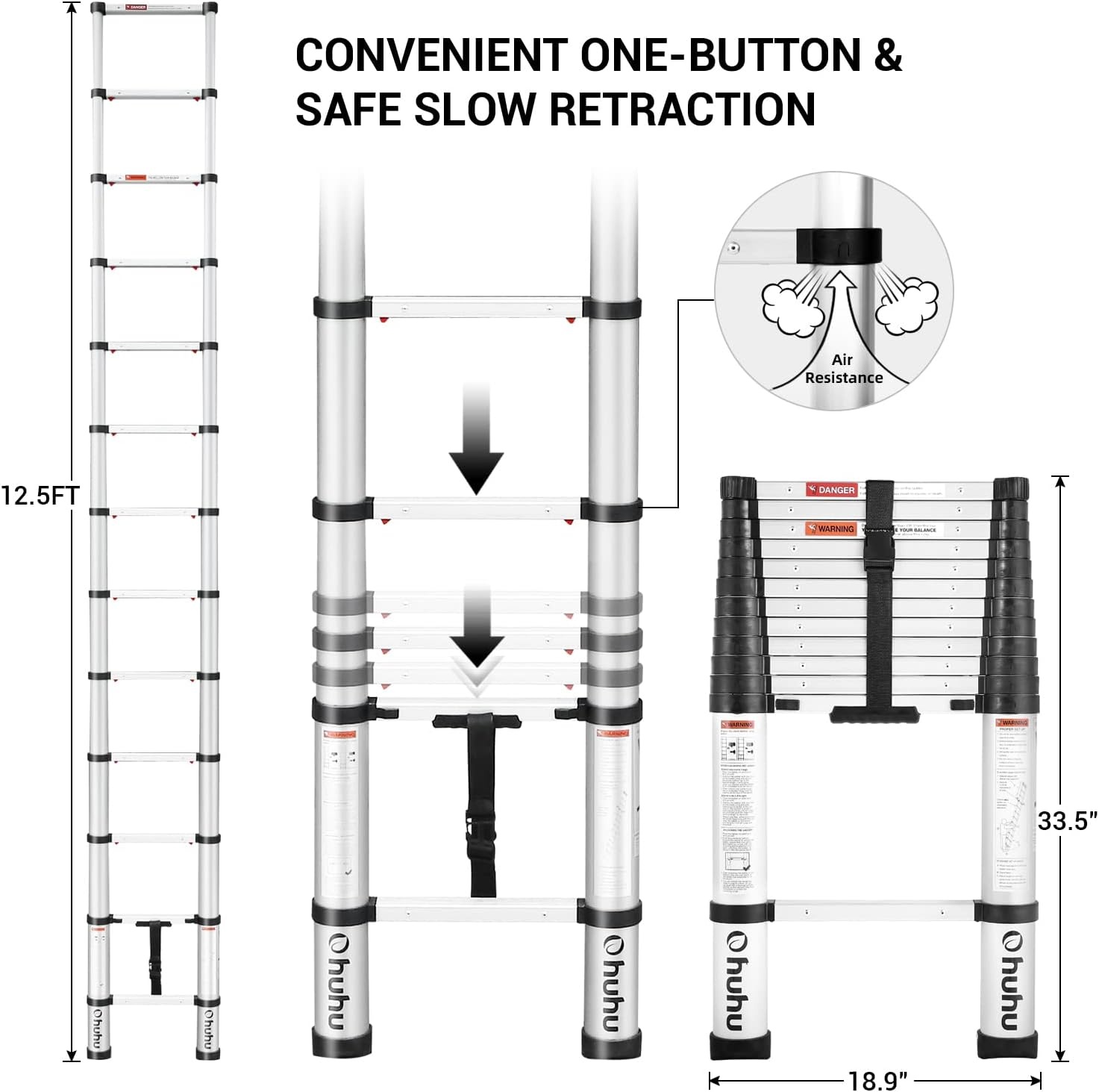image:imageAluminum Telescoping Ladder Ohuhu Upgraded 125 FT ANSI Certified OneButton Retraction Extension Ladder Retractable Collapsible Ladders Telescopic Compact Ladder for Home RV Loft Silver