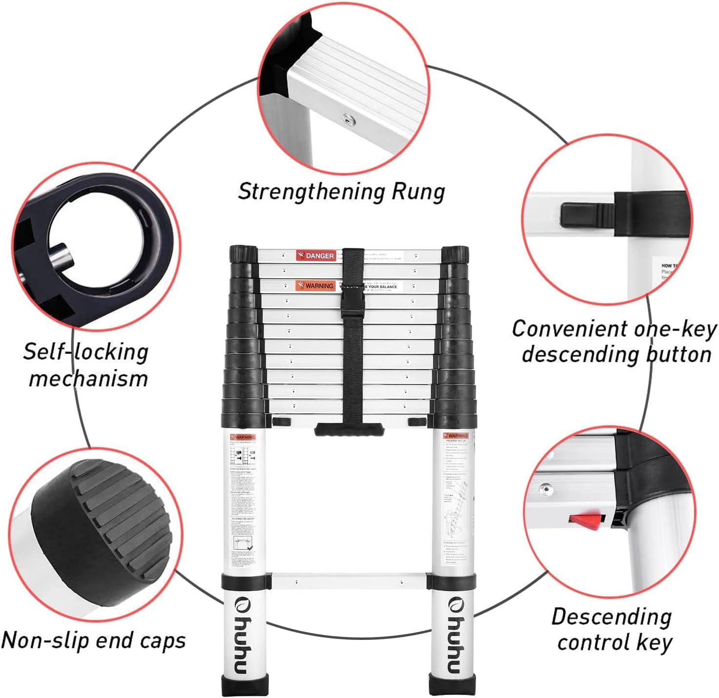 image:imageAluminum Telescoping Ladder Ohuhu Upgraded 125 FT ANSI Certified OneButton Retraction Extension Ladder Retractable Collapsible Ladders Telescopic Compact Ladder for Home RV Loft Silver