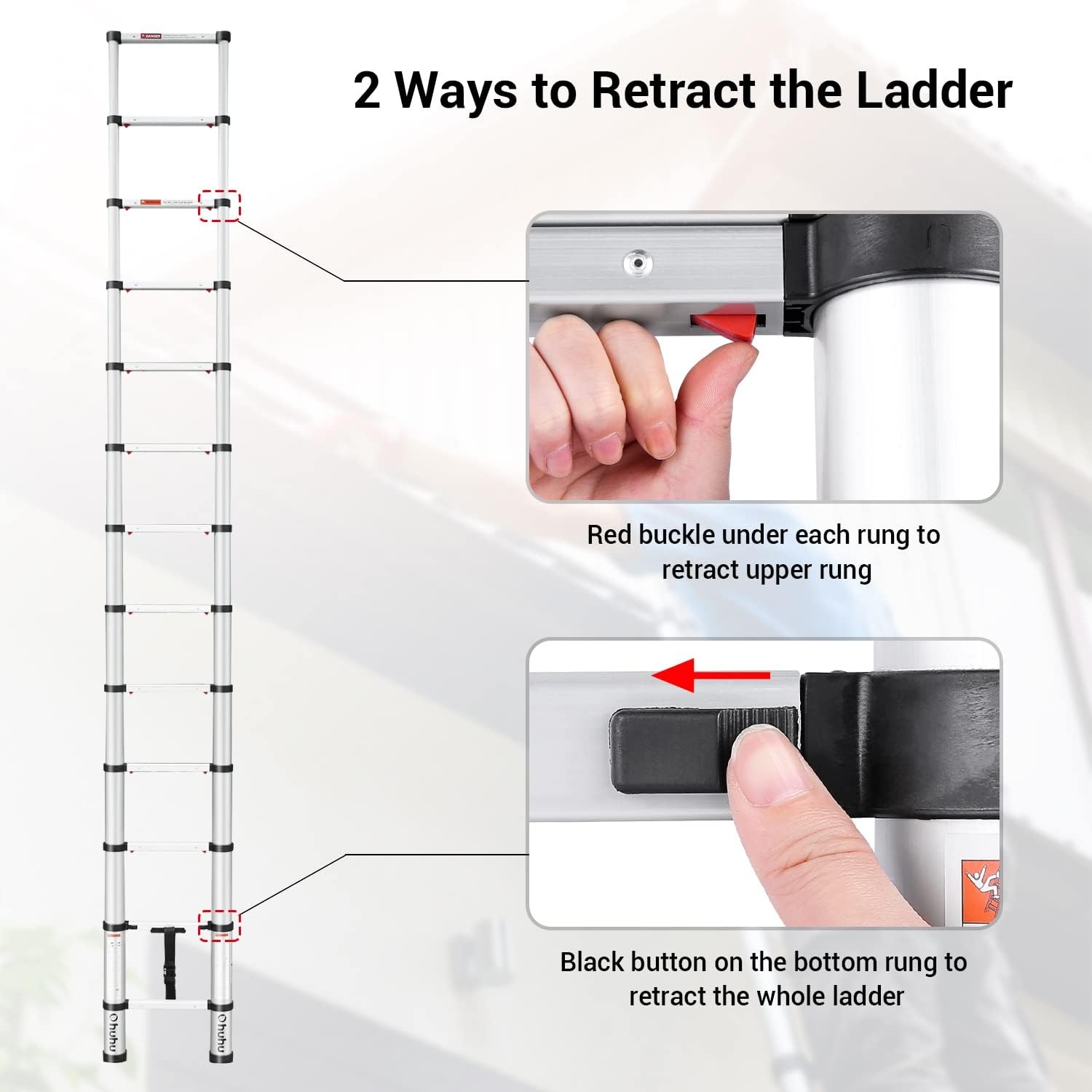 image:imageAluminum Telescoping Ladder Ohuhu Upgraded 125 FT ANSI Certified OneButton Retraction Extension Ladder Retractable Collapsible Ladders Telescopic Compact Ladder for Home RV Loft Silver