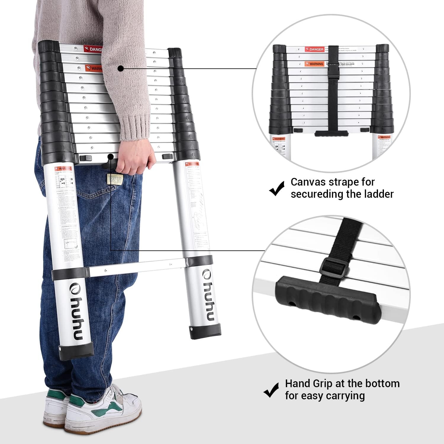 image:imageAluminum Telescoping Ladder Ohuhu Upgraded 125 FT ANSI Certified OneButton Retraction Extension Ladder Retractable Collapsible Ladders Telescopic Compact Ladder for Home RV Loft Silver