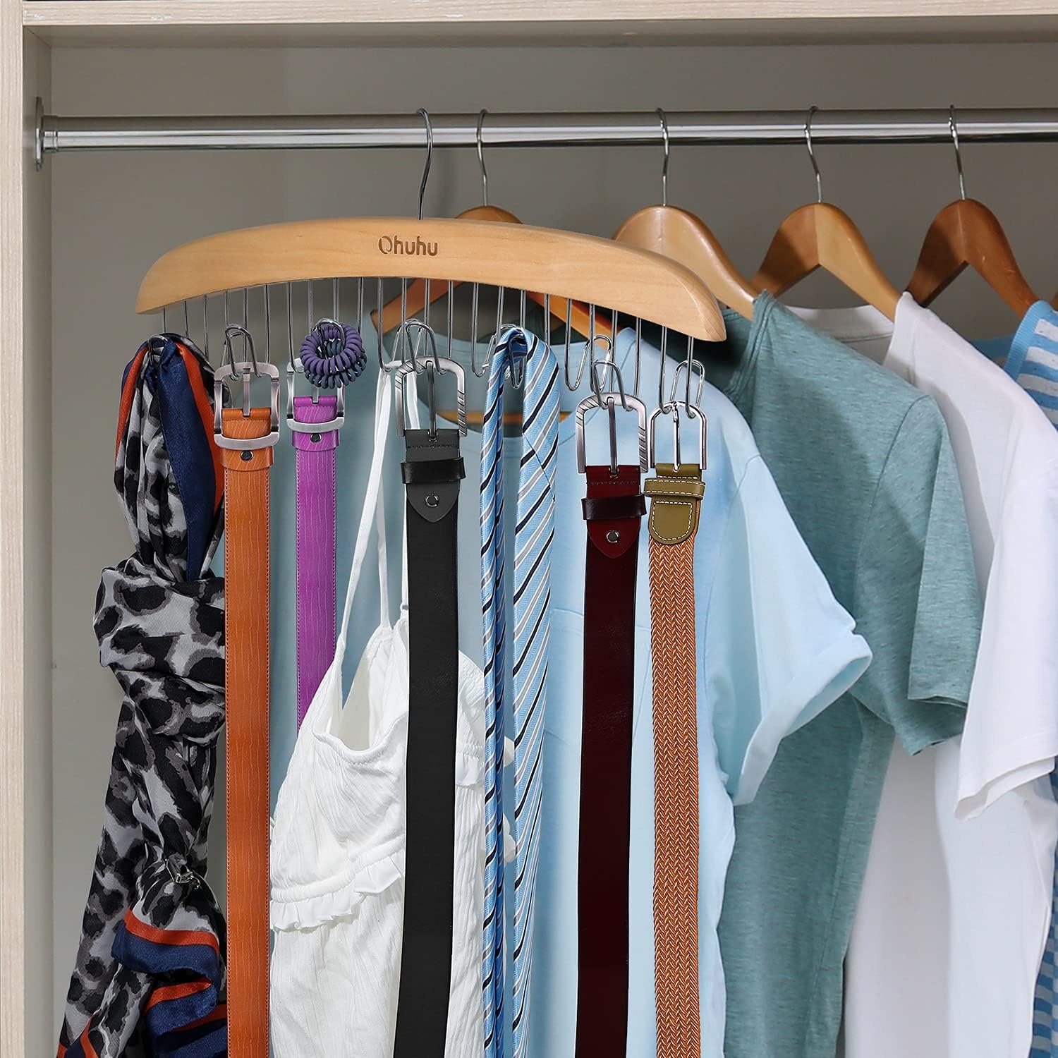 image:imageBelt Hanger Organizer for Closet Ohuhu 12 Hooks Max 36 Belts Tie Rack Wooden Belt Holder for Storage 360 Degree Rotating Space Saver Organizer for Men Women Belt Tie Scarf AccessoriesBurlywoodBurlywood