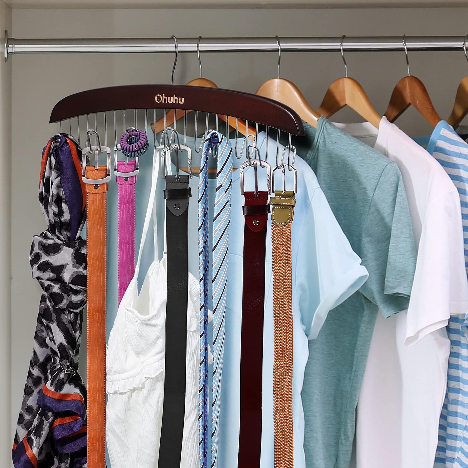 image:imageBelt Hanger Organizer for Closet Ohuhu 12 Hooks Max 36 Belts Tie Rack Wooden Belt Holder for Storage 360 Degree Rotating Space Saver Organizer for Men Women Belt Tie Scarf AccessoriesBurlywoodWalnut2 Pack