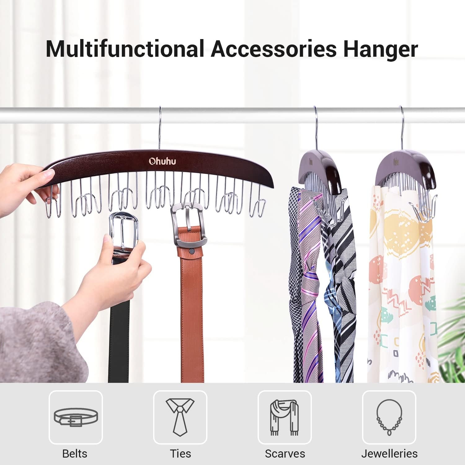 image:imageBelt Hanger Organizer for Closet Ohuhu 12 Hooks Max 36 Belts Tie Rack Wooden Belt Holder for Storage 360 Degree Rotating Space Saver Organizer for Men Women Belt Tie Scarf AccessoriesBurlywoodWalnut2 Pack