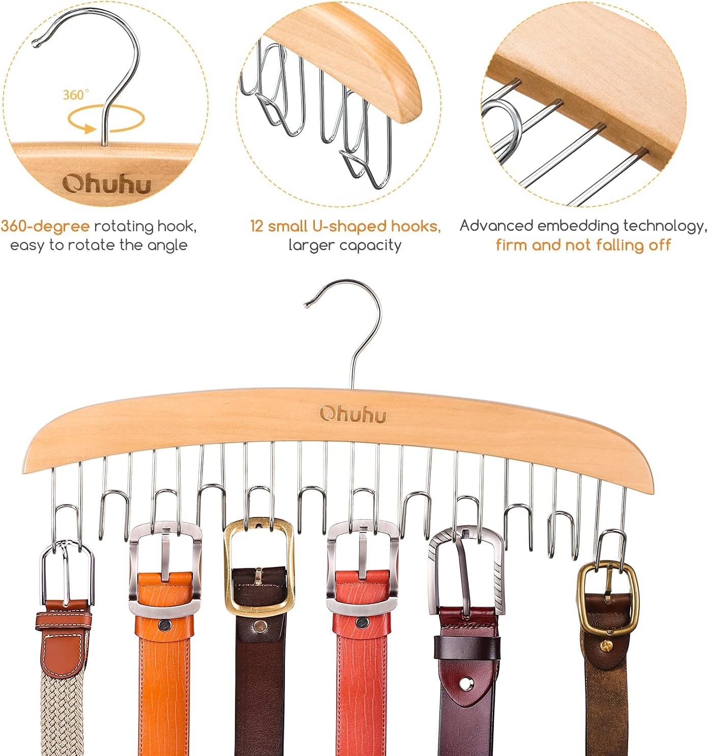 image:imageBelt Hanger Organizer for Closet Ohuhu 12 Hooks Max 36 Belts Tie Rack Wooden Belt Holder for Storage 360 Degree Rotating Space Saver Organizer for Men Women Belt Tie Scarf AccessoriesBurlywoodBurlywood2 Pack