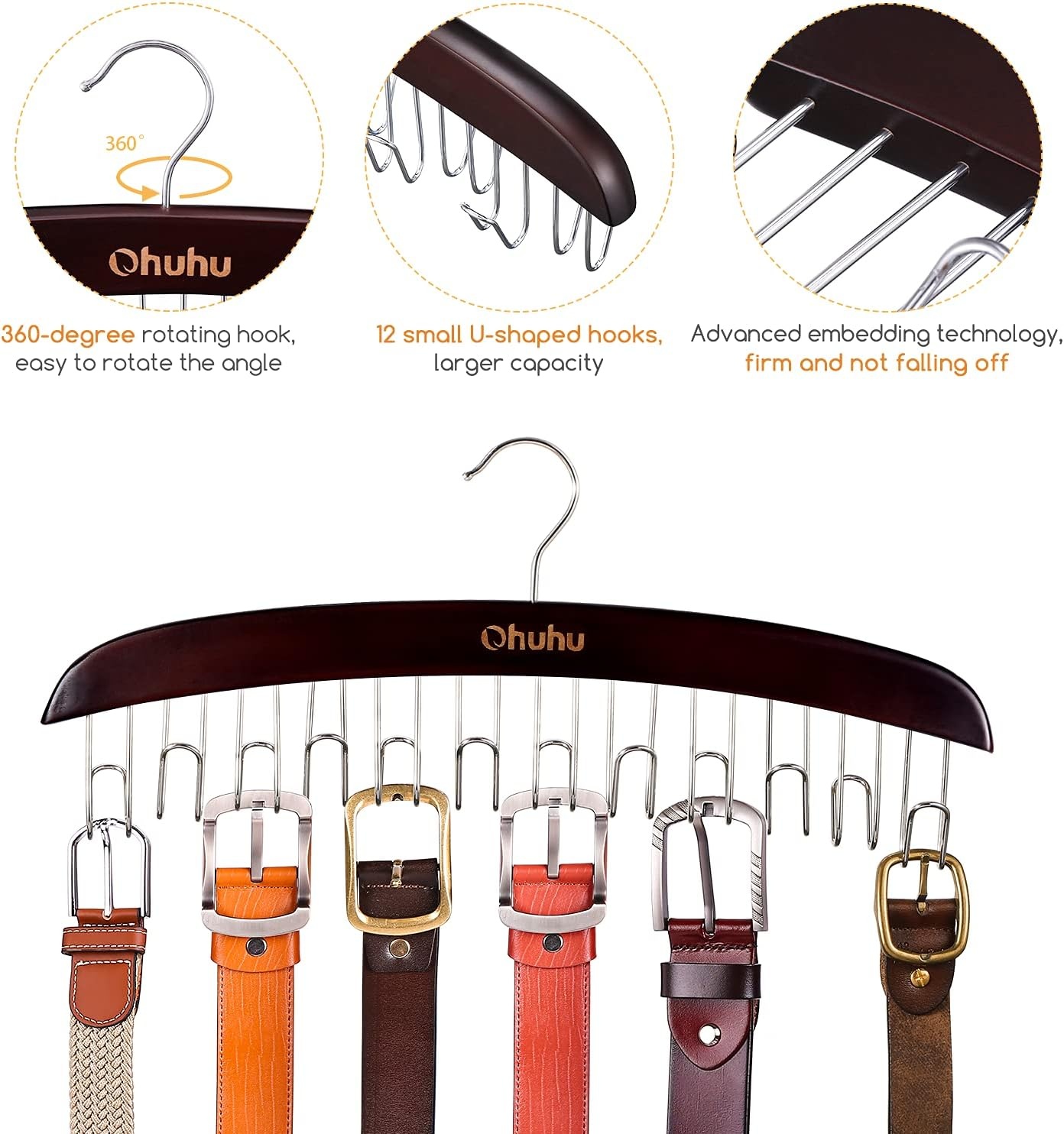 image:imageBelt Hanger Organizer for Closet Ohuhu 12 Hooks Max 36 Belts Tie Rack Wooden Belt Holder for Storage 360 Degree Rotating Space Saver Organizer for Men Women Belt Tie Scarf AccessoriesBurlywoodWalnut