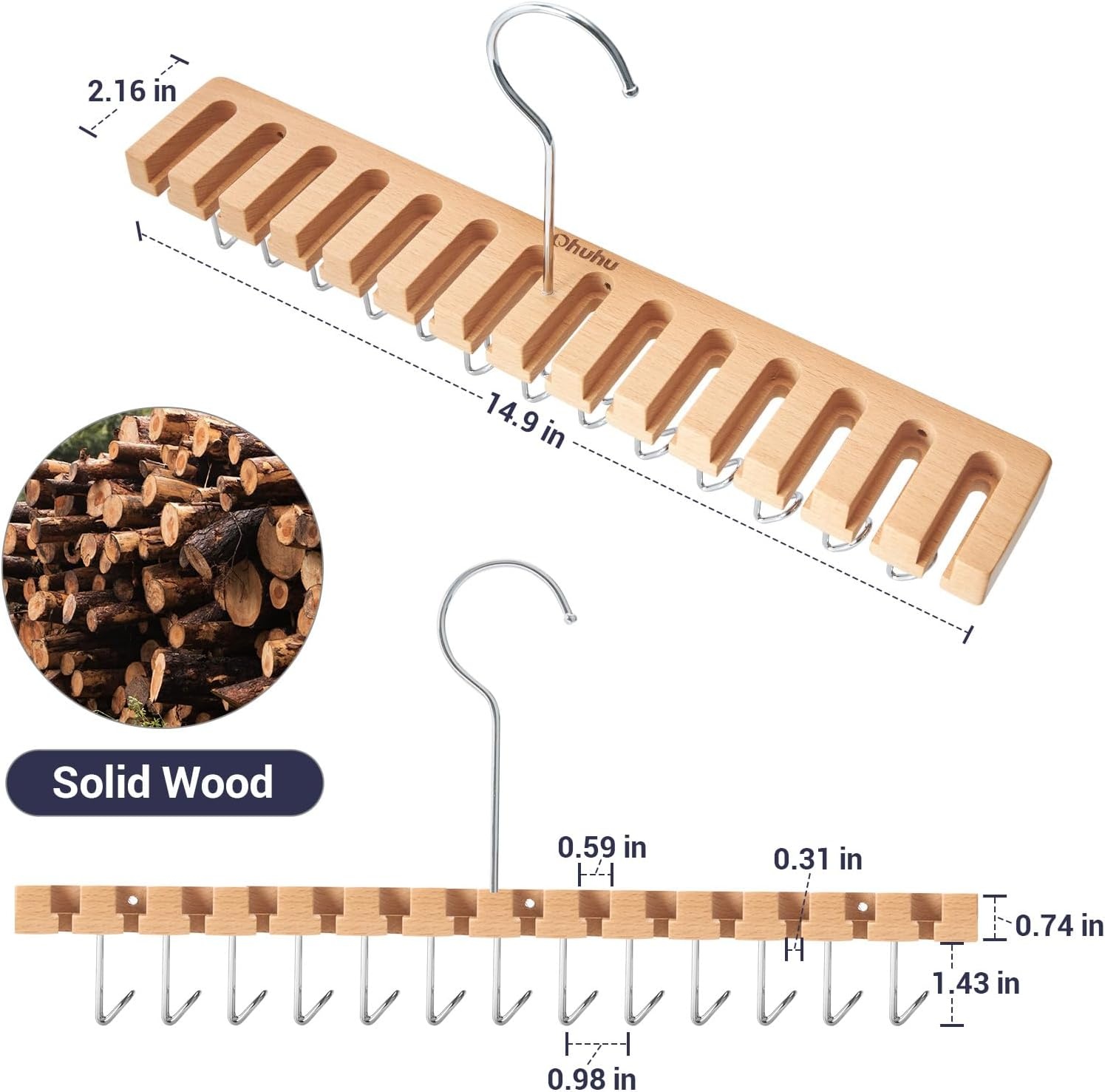 image:imageBelt Hanger Organizer for Closet Ohuhu 2 in 1 Wall Mount Hanger 14 Slots13 Hooks Storage Wooden Belt Organization 360 Degree Rotating Belt Display Holder for Belt Tie Scarf Accessories