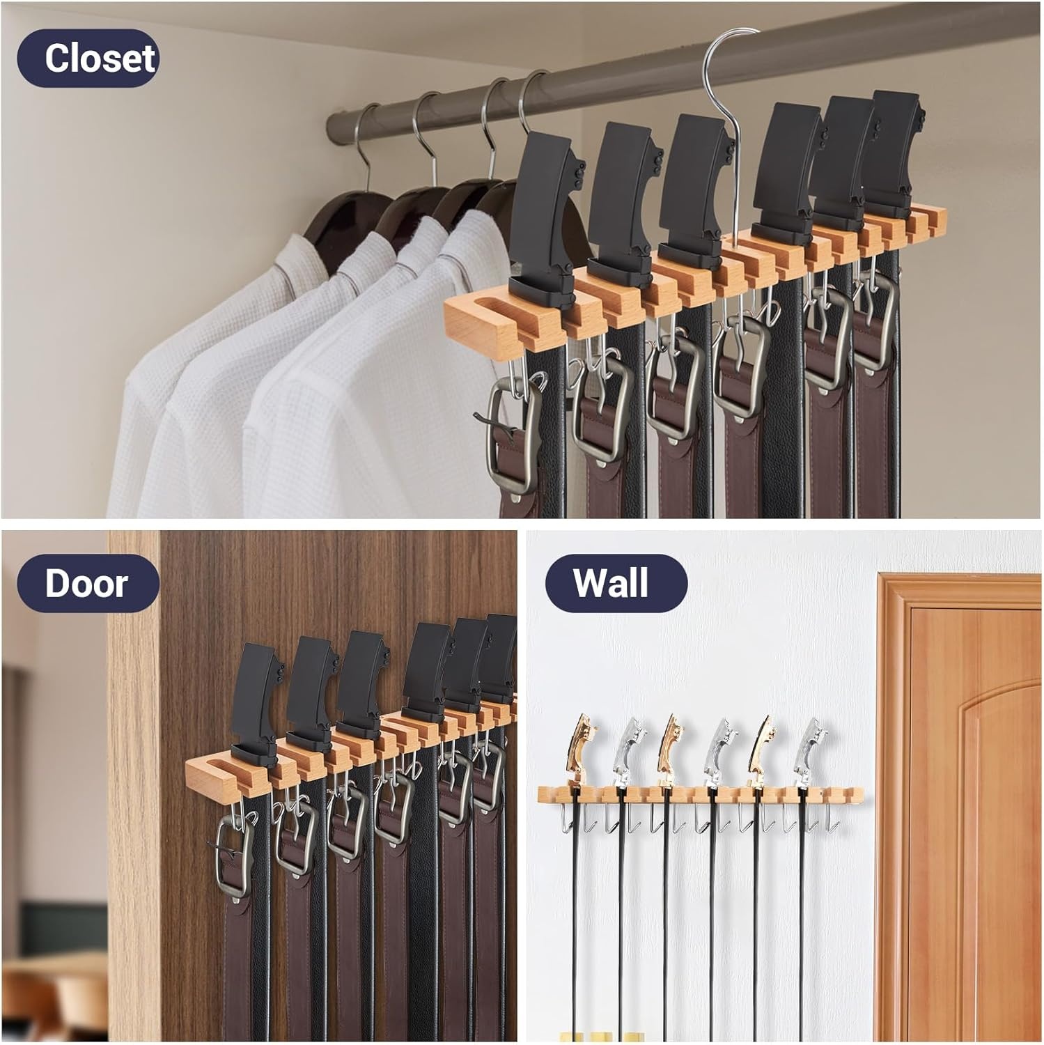 image:imageBelt Hanger Organizer for Closet Ohuhu 2 in 1 Wall Mount Hanger 14 Slots13 Hooks Storage Wooden Belt Organization 360 Degree Rotating Belt Display Holder for Belt Tie Scarf Accessories