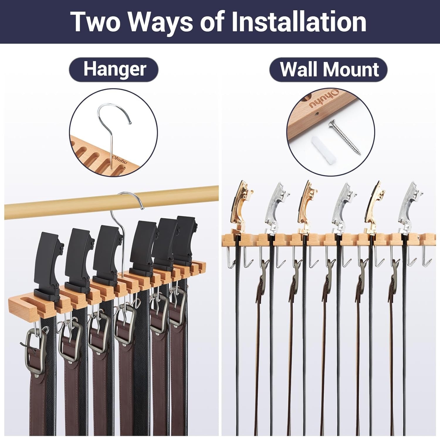 image:imageBelt Hanger Organizer for Closet Ohuhu 2 in 1 Wall Mount Hanger 14 Slots13 Hooks Storage Wooden Belt Organization 360 Degree Rotating Belt Display Holder for Belt Tie Scarf Accessories
