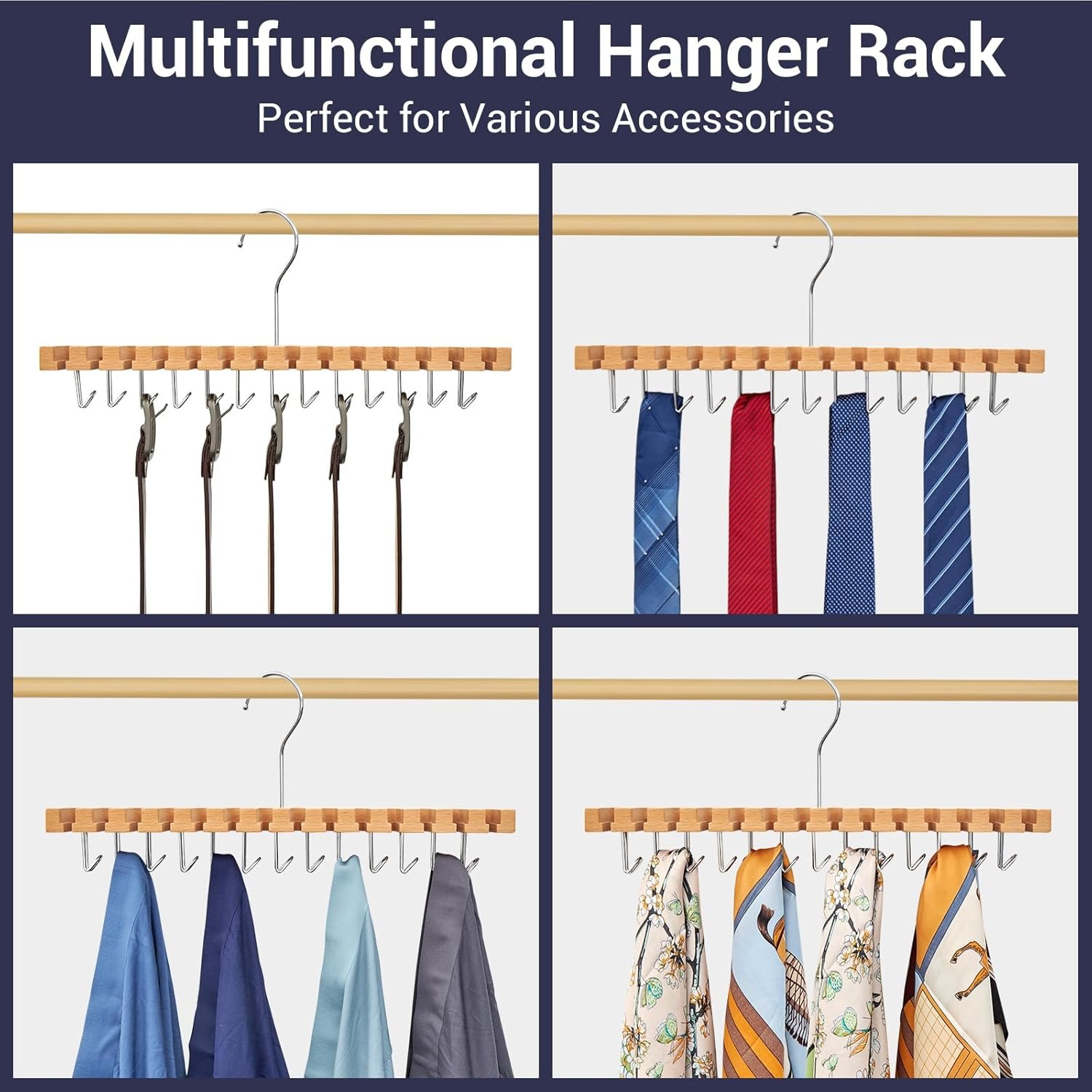 image:imageBelt Hanger Organizer for Closet Ohuhu 2 in 1 Wall Mount Hanger 14 Slots13 Hooks Storage Wooden Belt Organization 360 Degree Rotating Belt Display Holder for Belt Tie Scarf Accessories