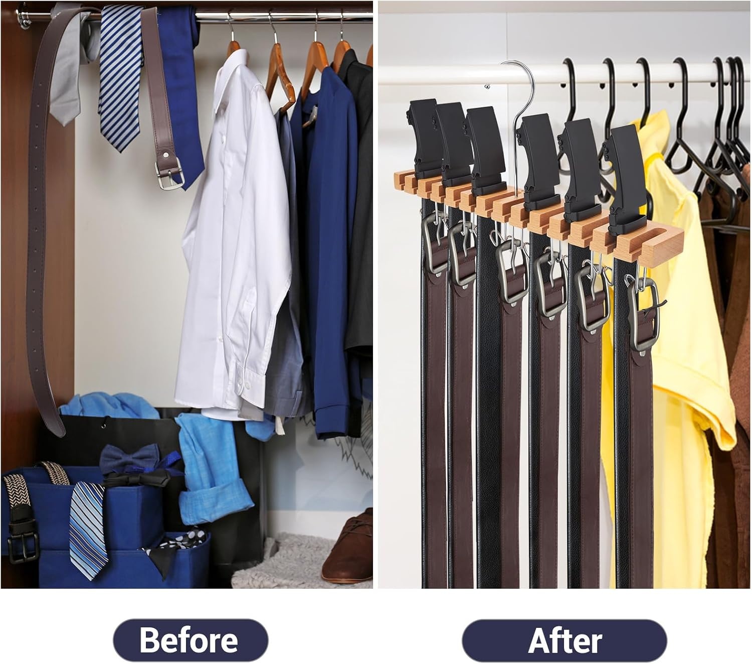 image:imageBelt Hanger Organizer for Closet Ohuhu 2 in 1 Wall Mount Hanger 14 Slots13 Hooks Storage Wooden Belt Organization 360 Degree Rotating Belt Display Holder for Belt Tie Scarf Accessories
