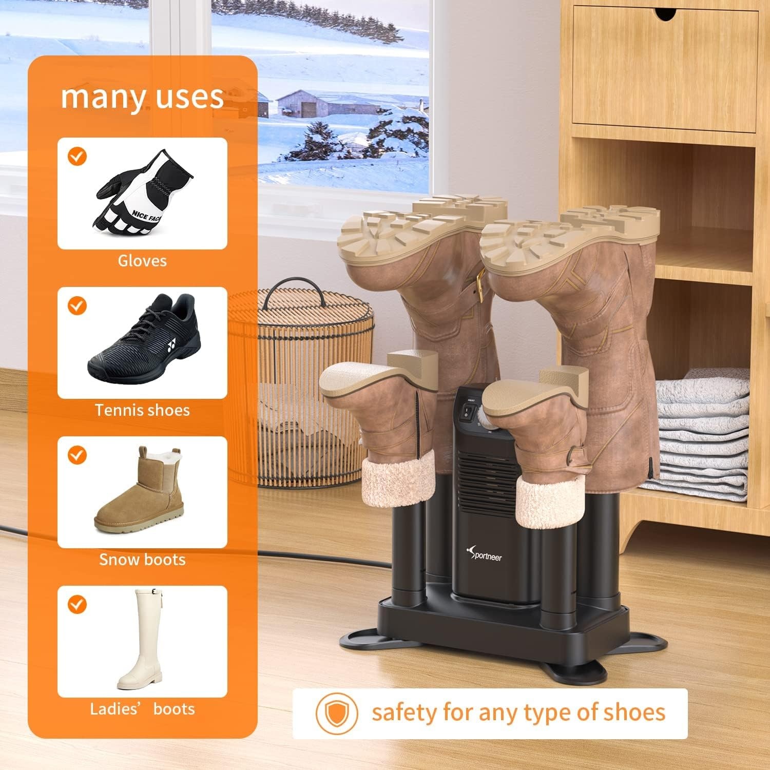 image:imageBoot Shoe Work Boots Dryer Sportneer Shoes Warmer with 4 Extendable Tubes Upgraded Portable Glove Ski Boot Dryer with Heat Blower Overheat Protection Constant Temperature Timer Fast Dry Quiet