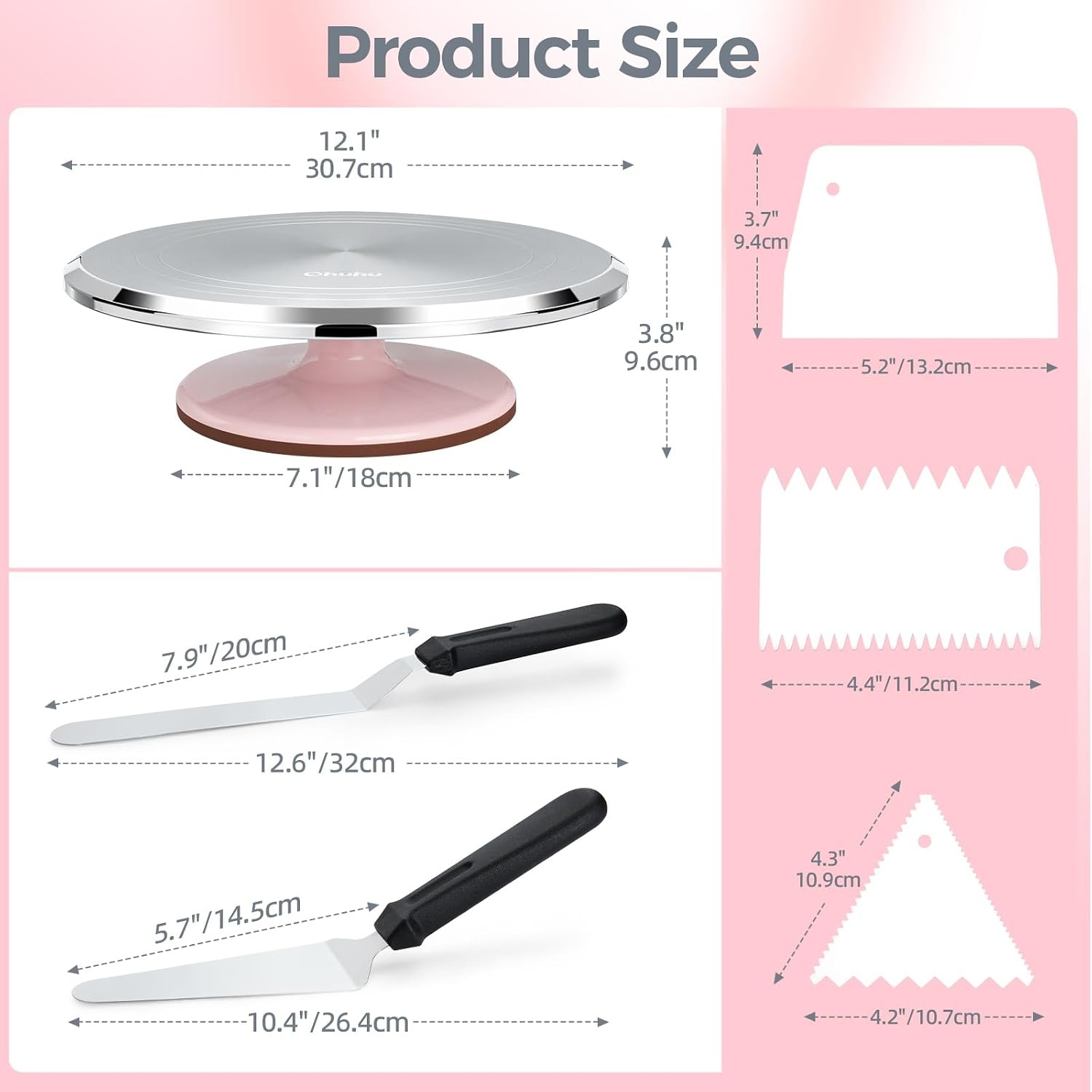 image:imageCake Turntable Ohuhu Aluminium 12 Cake Decorating Kit Supplies Rotating Stand Revolving Spinner with 2 Icing Spatula 3 Comb SmootherPink