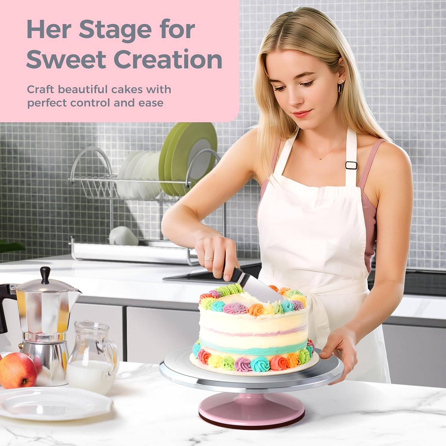 image:imageCake Turntable Ohuhu Aluminium 12 Cake Decorating Kit Supplies Rotating Stand Revolving Spinner with 2 Icing Spatula 3 Comb SmootherPink