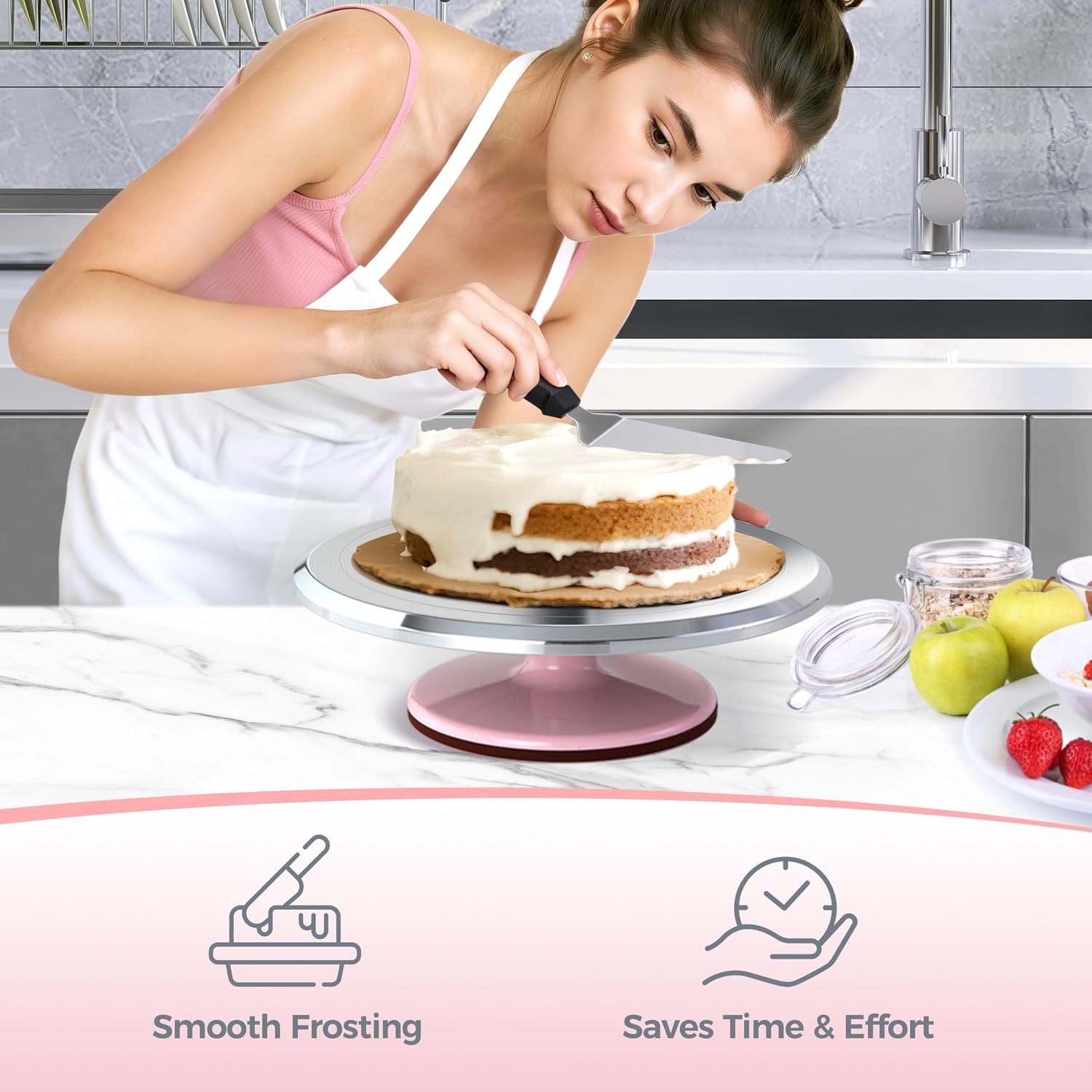 image:imageCake Turntable Ohuhu Aluminium 12 Cake Decorating Kit Supplies Rotating Stand Revolving Spinner with 2 Icing Spatula 3 Comb SmootherPink