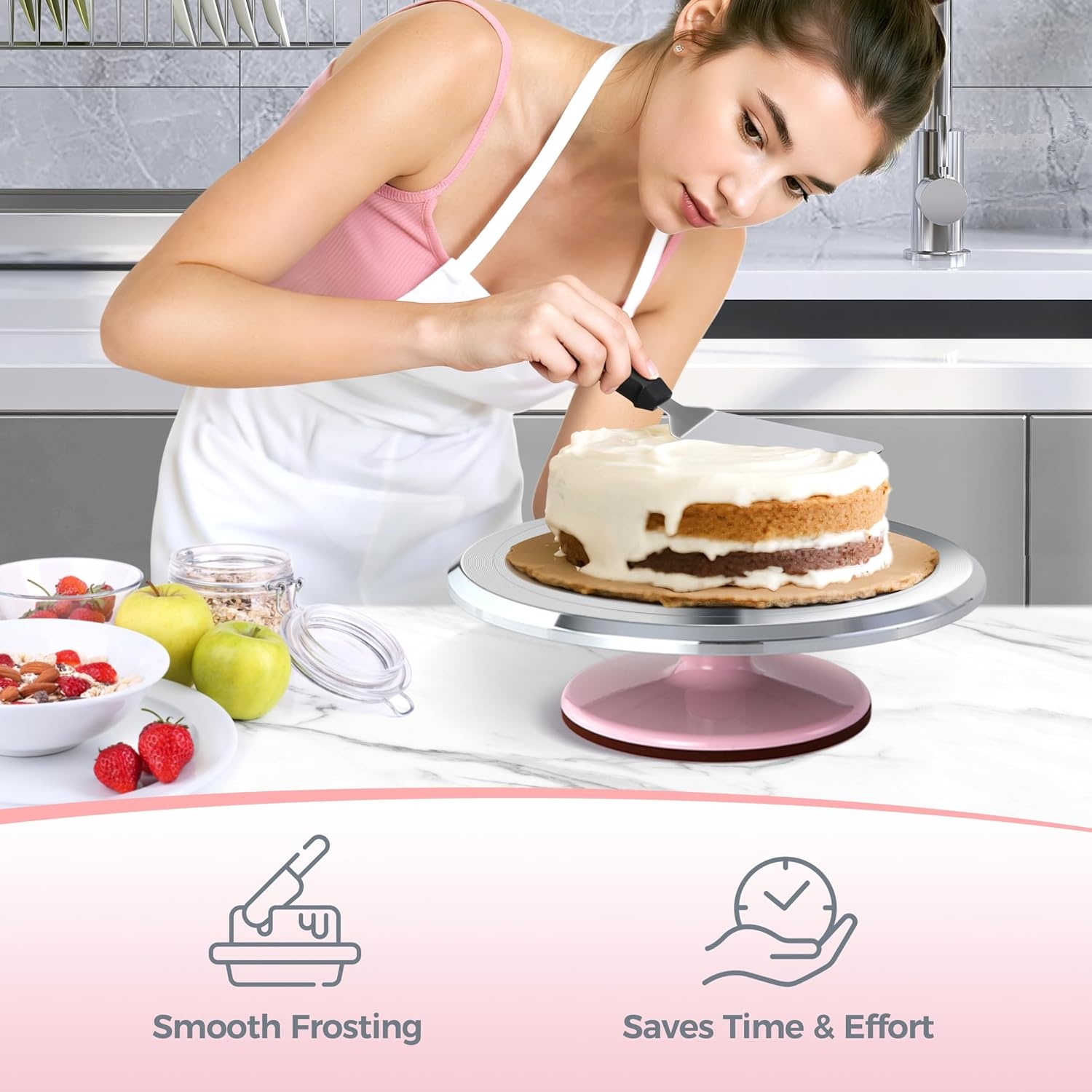 image:imageCake Turntable Ohuhu Aluminium 12 Cake Decorating Kit Supplies Rotating Stand Revolving Spinner with 2 Icing Spatula 3 Comb SmootherPink