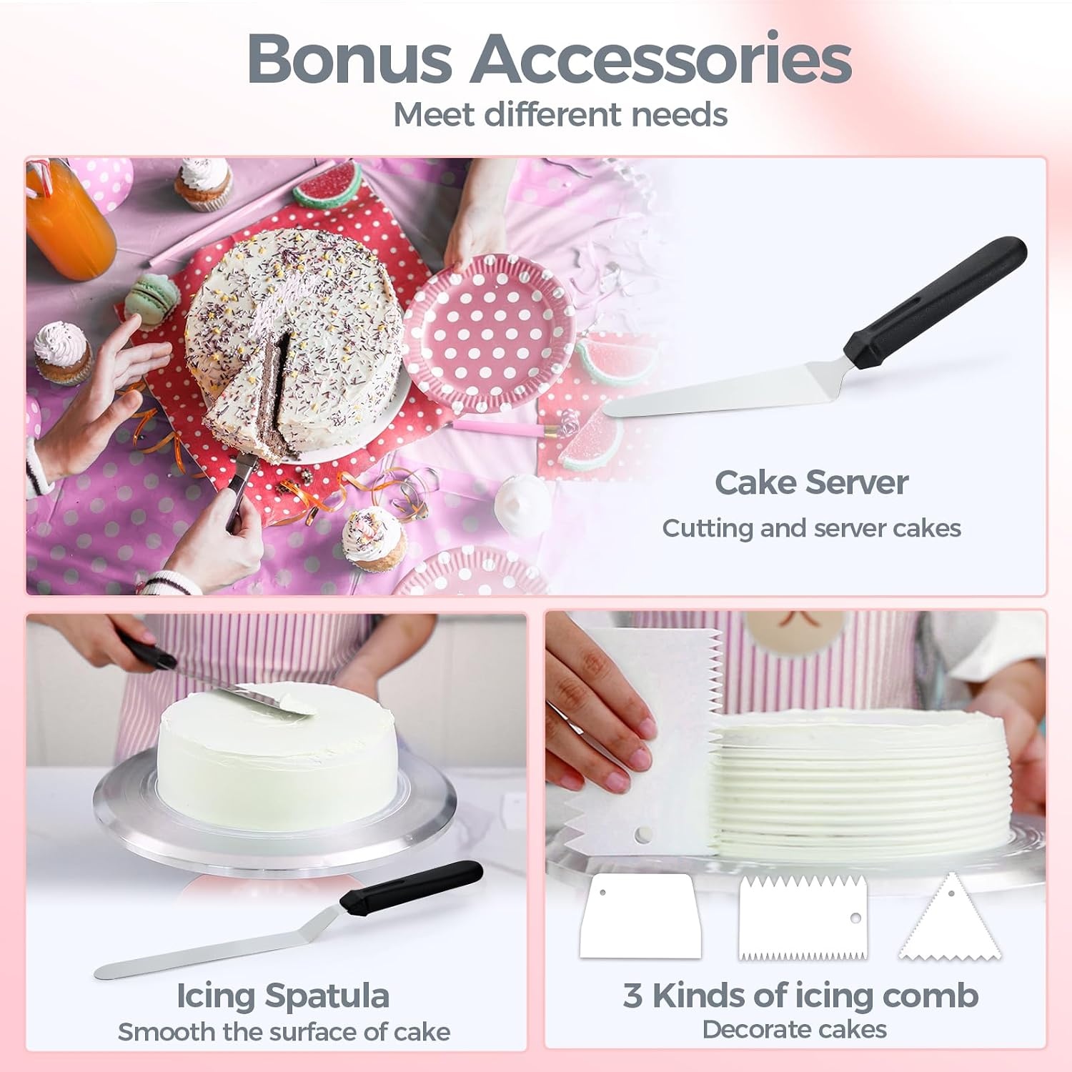 image:imageCake Turntable Ohuhu Aluminium 12 Cake Decorating Kit Supplies Rotating Stand Revolving Spinner with 2 Icing Spatula 3 Comb SmootherPink