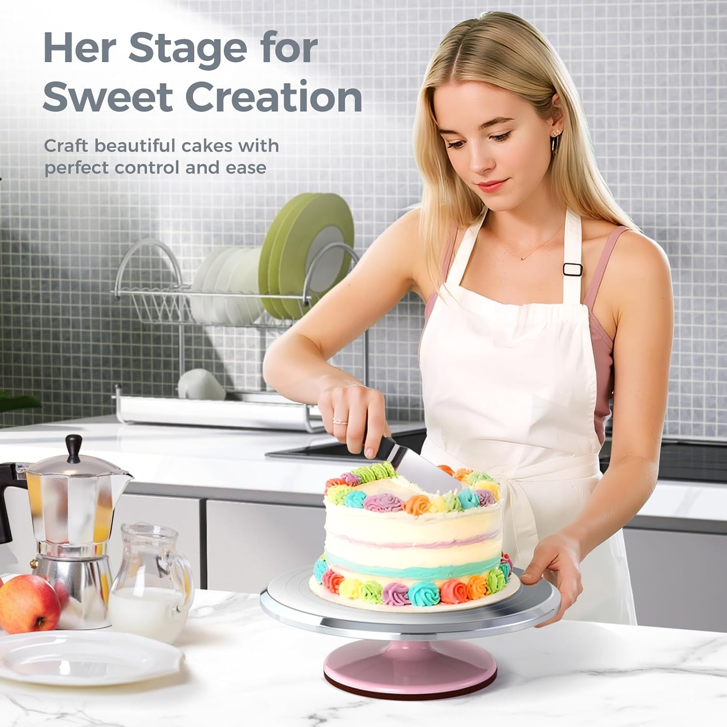 image:imageCake Turntable Ohuhu Aluminium 12 Cake Decorating Kit Supplies Rotating Stand Revolving Spinner with 2 Icing Spatula 3 Comb SmootherPink
