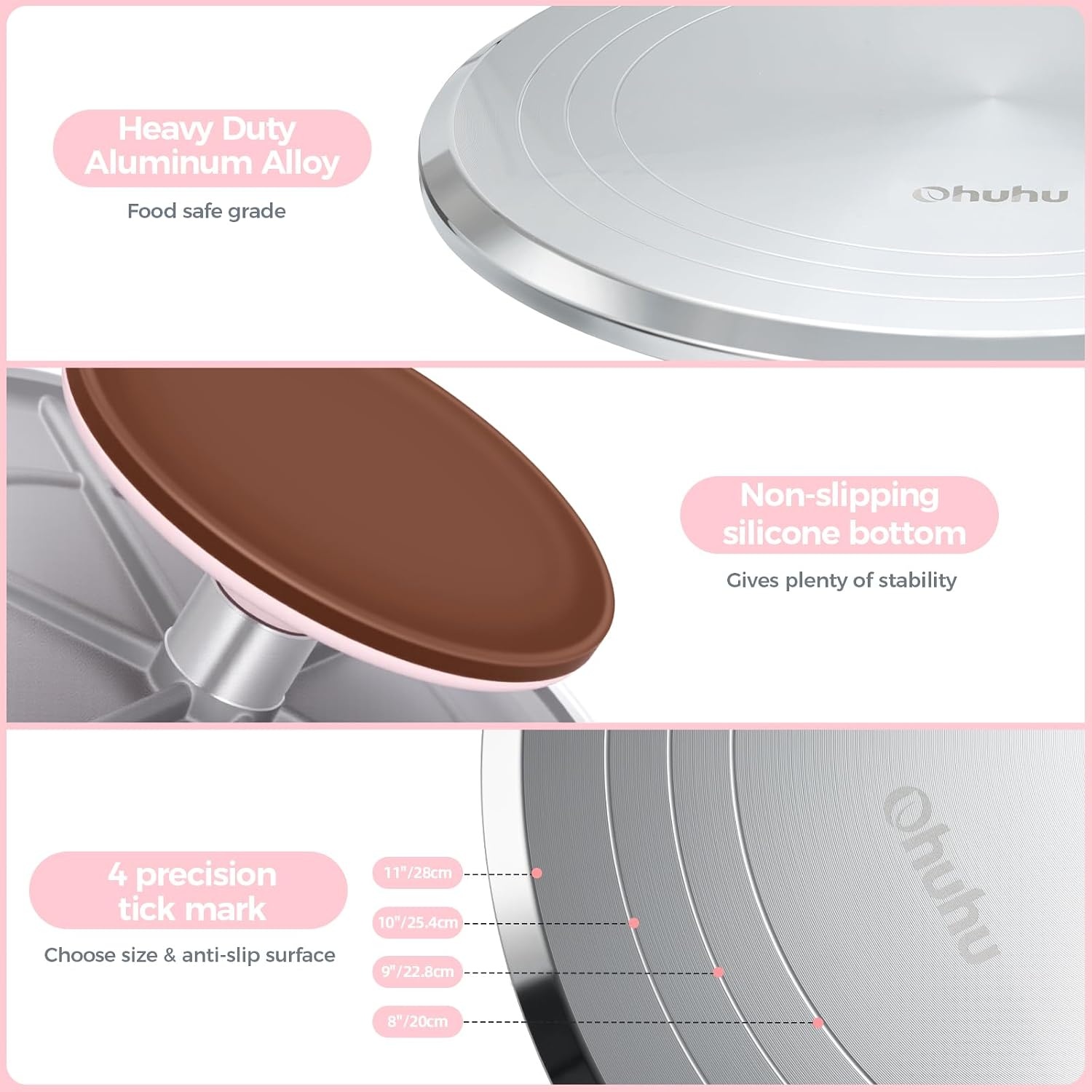 image:imageCake Turntable Ohuhu Aluminium 12 Cake Decorating Kit Supplies Rotating Stand Revolving Spinner with 2 Icing Spatula 3 Comb SmootherPink