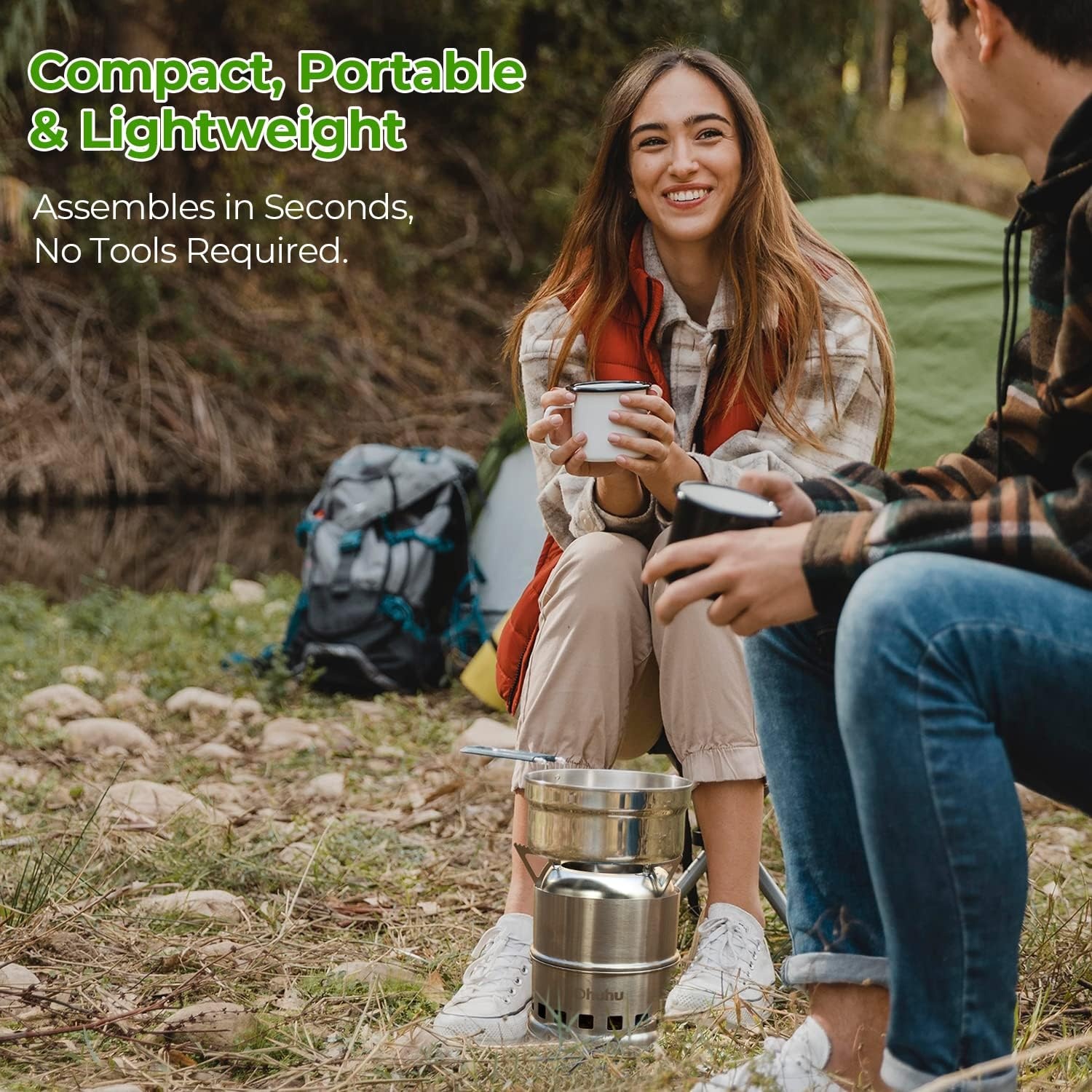 image:imageCamping Stove Ohuhu Camp Stove Wood Burning Stove Stainless Steel Stoves Mini Portable Stove for Camping Picnic BBQ Backpacking Hiking Survival Emergency Cooking Outdoor with Grill Grid Carry Bag