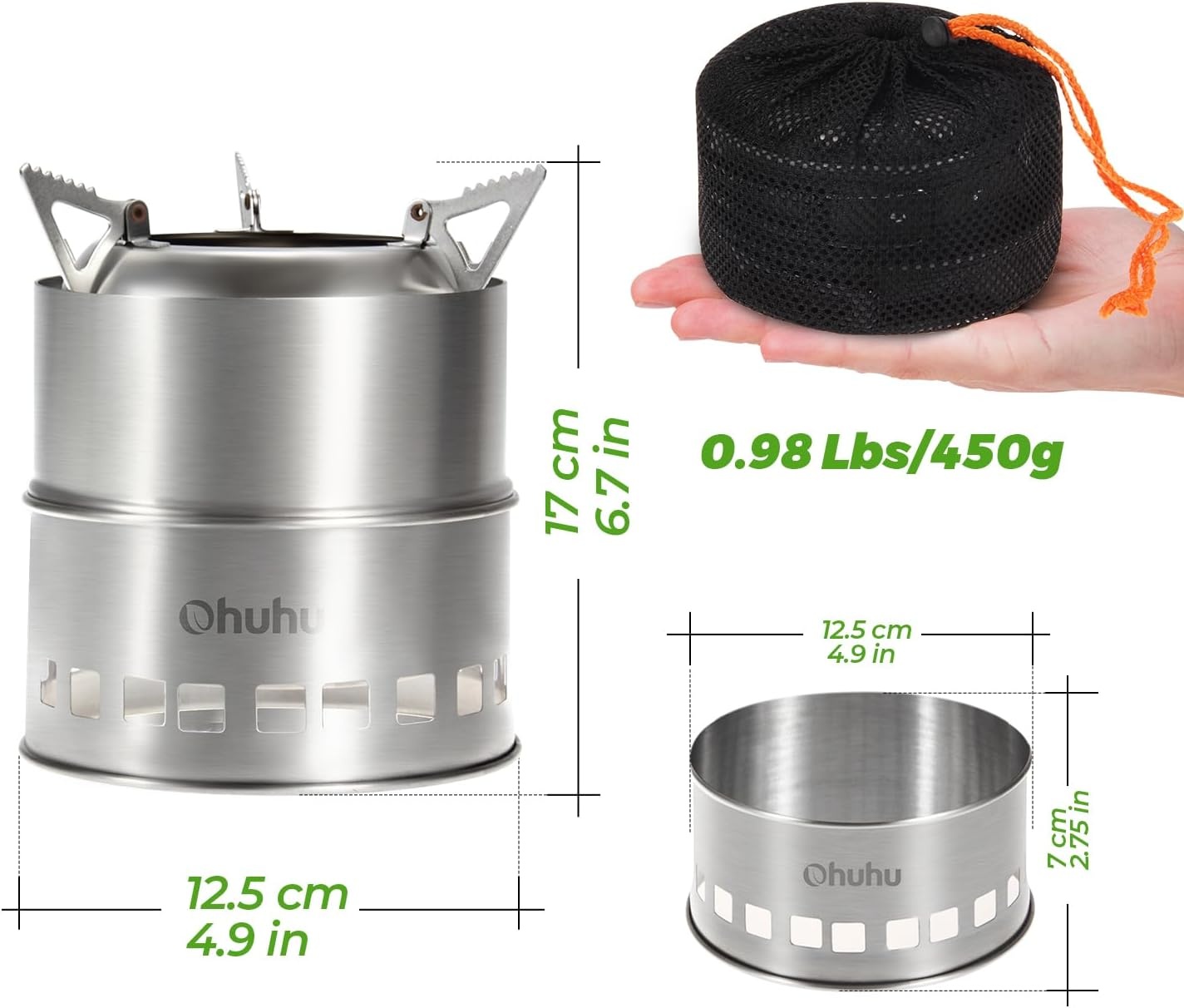 image:imageCamping Stove Ohuhu Camp Stove Wood Burning Stove Stainless Steel Stoves Mini Portable Stove for Camping Picnic BBQ Backpacking Hiking Survival Emergency Cooking Outdoor with Grill Grid Carry Bag