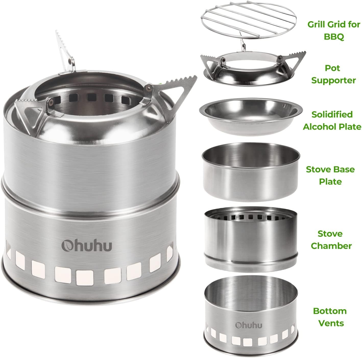 image:imageCamping Stove Ohuhu Camp Stove Wood Burning Stove Stainless Steel Stoves Mini Portable Stove for Camping Picnic BBQ Backpacking Hiking Survival Emergency Cooking Outdoor with Grill Grid Carry Bag