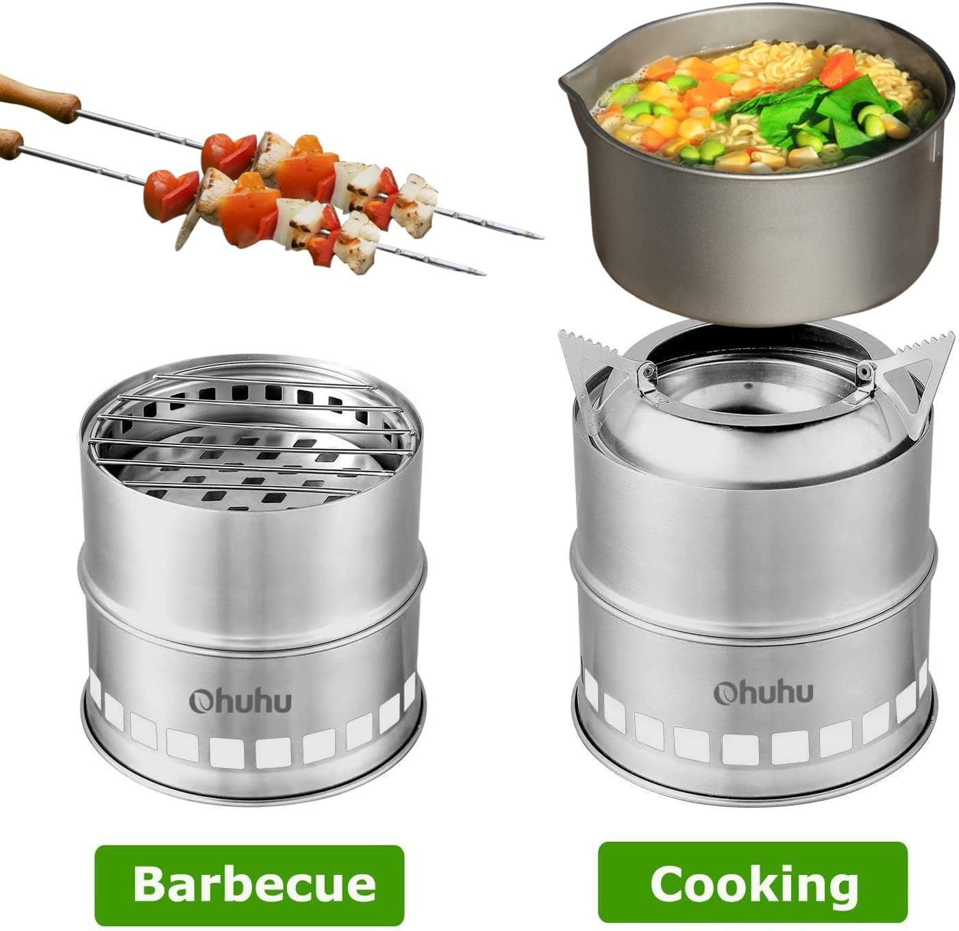 image:imageCamping Stove Ohuhu Camp Stove Wood Burning Stove Stainless Steel Stoves Mini Portable Stove for Camping Picnic BBQ Backpacking Hiking Survival Emergency Cooking Outdoor with Grill Grid Carry Bag