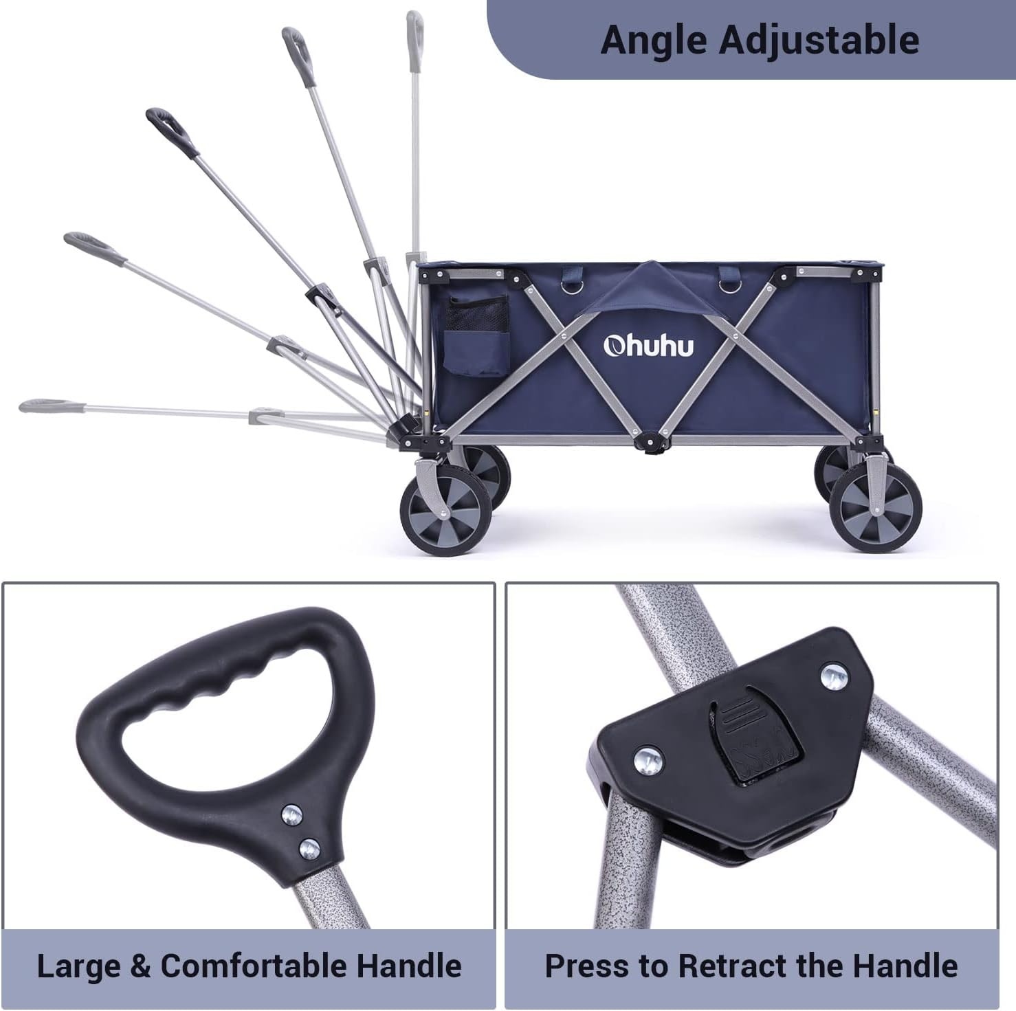 image:imageCollapsible Wagon Cart with Brake Ohuhu Durable Folding Wagons 220 LB Capacity Utility Foldable Cart Outdoor Grocery Shopping Carts with Removable Wheels 2 Drink Holders for Garden Camping Picnic