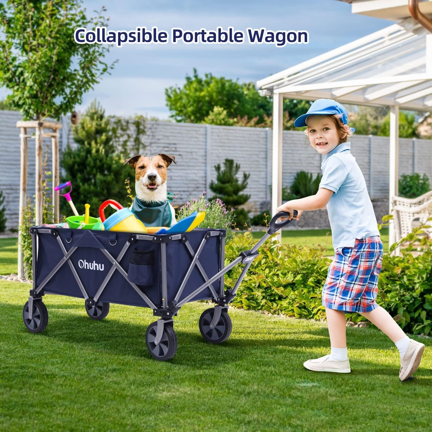 image:imageCollapsible Wagon Cart with Brake Ohuhu Durable Folding Wagons 220 LB Capacity Utility Foldable Cart Outdoor Grocery Shopping Carts with Removable Wheels 2 Drink Holders for Garden Camping Picnic