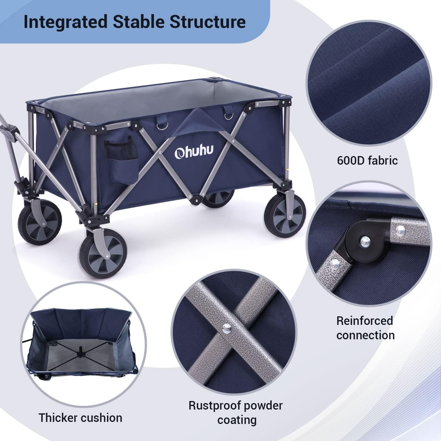 image:imageCollapsible Wagon Cart with Brake Ohuhu Durable Folding Wagons 220 LB Capacity Utility Foldable Cart Outdoor Grocery Shopping Carts with Removable Wheels 2 Drink Holders for Garden Camping Picnic