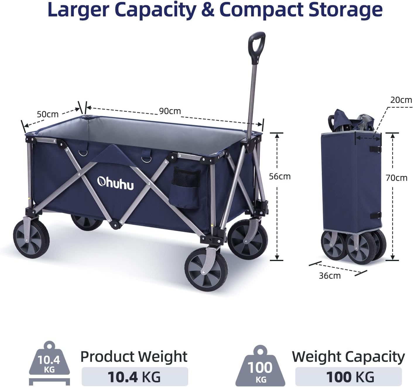 image:imageCollapsible Wagon Cart with Brake Ohuhu Durable Folding Wagons 220 LB Capacity Utility Foldable Cart Outdoor Grocery Shopping Carts with Removable Wheels 2 Drink Holders for Garden Camping Picnic