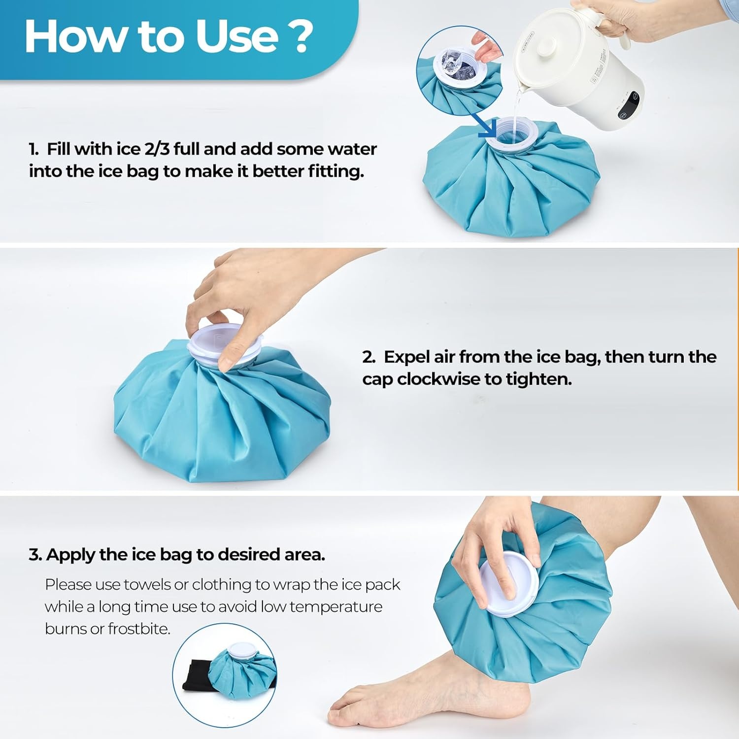 image:imageIce Bags for Injuries Reusable Ohuhu 3 Packs Ice Cold Packs with 2 Wrap Ice Bag Hot Water Hot amp Cold Therapy Pain Relief for Knee Leg Injury NoLeak Waterproof Ice Bags 3 Sizes 6911 Light BlueLight Blue 3pack