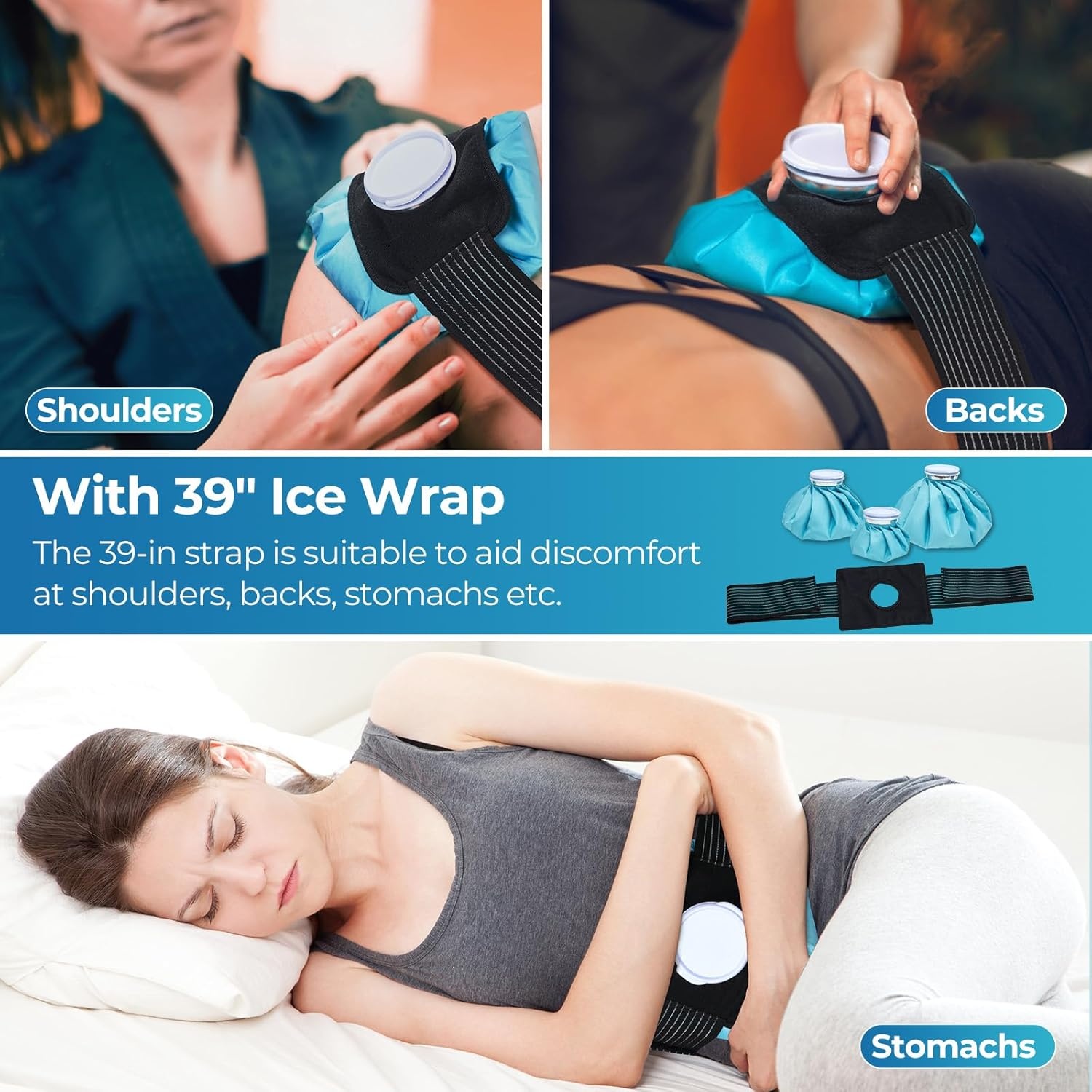 image:imageIce Bags for Injuries Reusable Ohuhu 3 Packs Ice Cold Packs with 2 Wrap Ice Bag Hot Water Hot amp Cold Therapy Pain Relief for Knee Leg Injury NoLeak Waterproof Ice Bags 3 Sizes 6911 Light BlueLight Blue