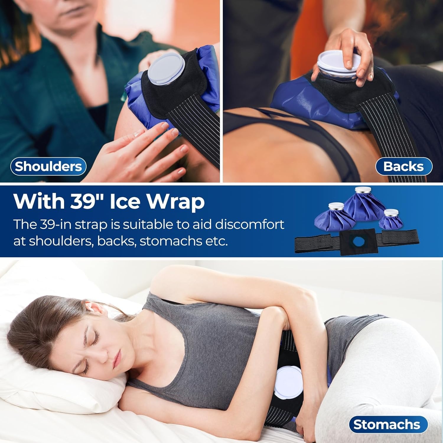 image:imageIce Bags for Injuries Reusable Ohuhu 3 Packs Ice Cold Packs with 2 Wrap Ice Bag Hot Water Hot amp Cold Therapy Pain Relief for Knee Leg Injury NoLeak Waterproof Ice Bags 3 Sizes 6911 Light BlueBlue 3pack With Wrap