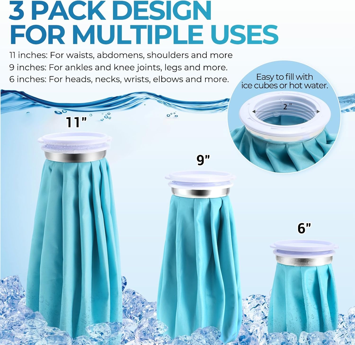 image:imageIce Bags for Injuries Reusable Ohuhu 3 Packs Ice Cold Packs with 2 Wrap Ice Bag Hot Water Hot amp Cold Therapy Pain Relief for Knee Leg Injury NoLeak Waterproof Ice Bags 3 Sizes 6911 Light BlueLight Blue