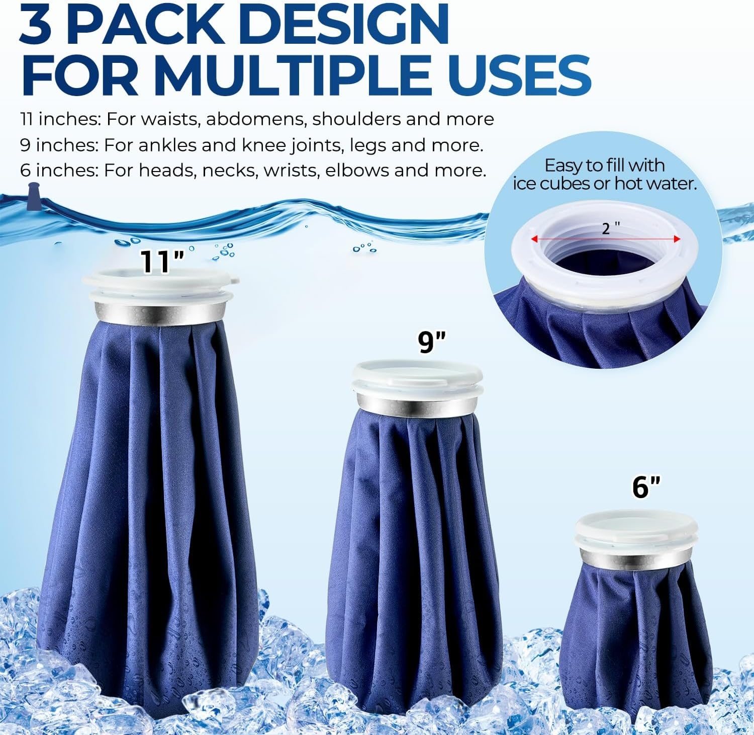 image:imageIce Bags for Injuries Reusable Ohuhu 3 Packs Ice Cold Packs with 2 Wrap Ice Bag Hot Water Hot amp Cold Therapy Pain Relief for Knee Leg Injury NoLeak Waterproof Ice Bags 3 Sizes 6911 Light BlueBlue 3pack With Wrap