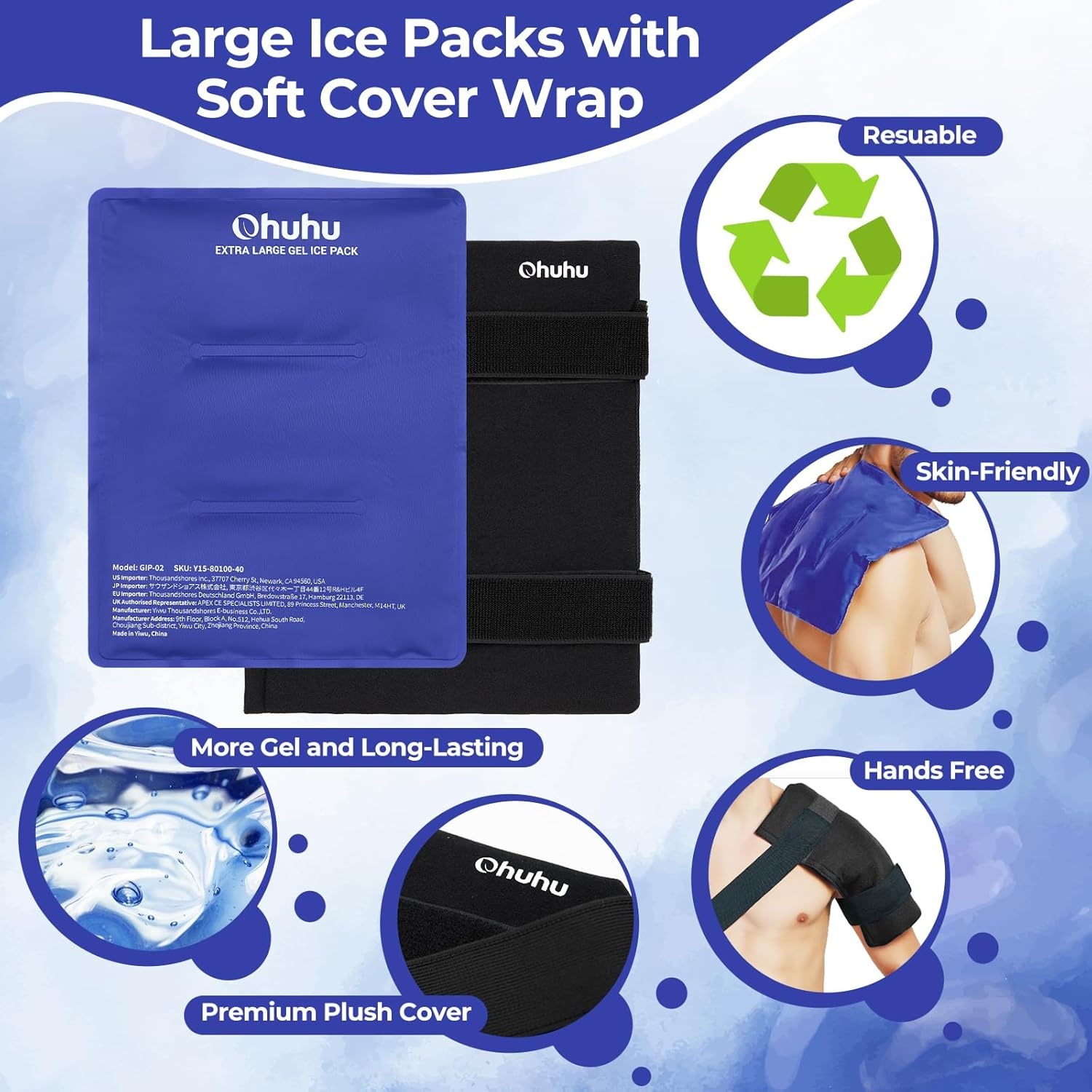 image:imageIce Packs for Injuries 14 X 11 Ohuhu 2 Pack Hot Cold Gel Ice Pack XLarge Reusable Ice Packs with Wrap Flexible Pain Relief for Shoulder Legs Knee Back Hip Aches Injury Muscle PainBlueBlue2 Pack