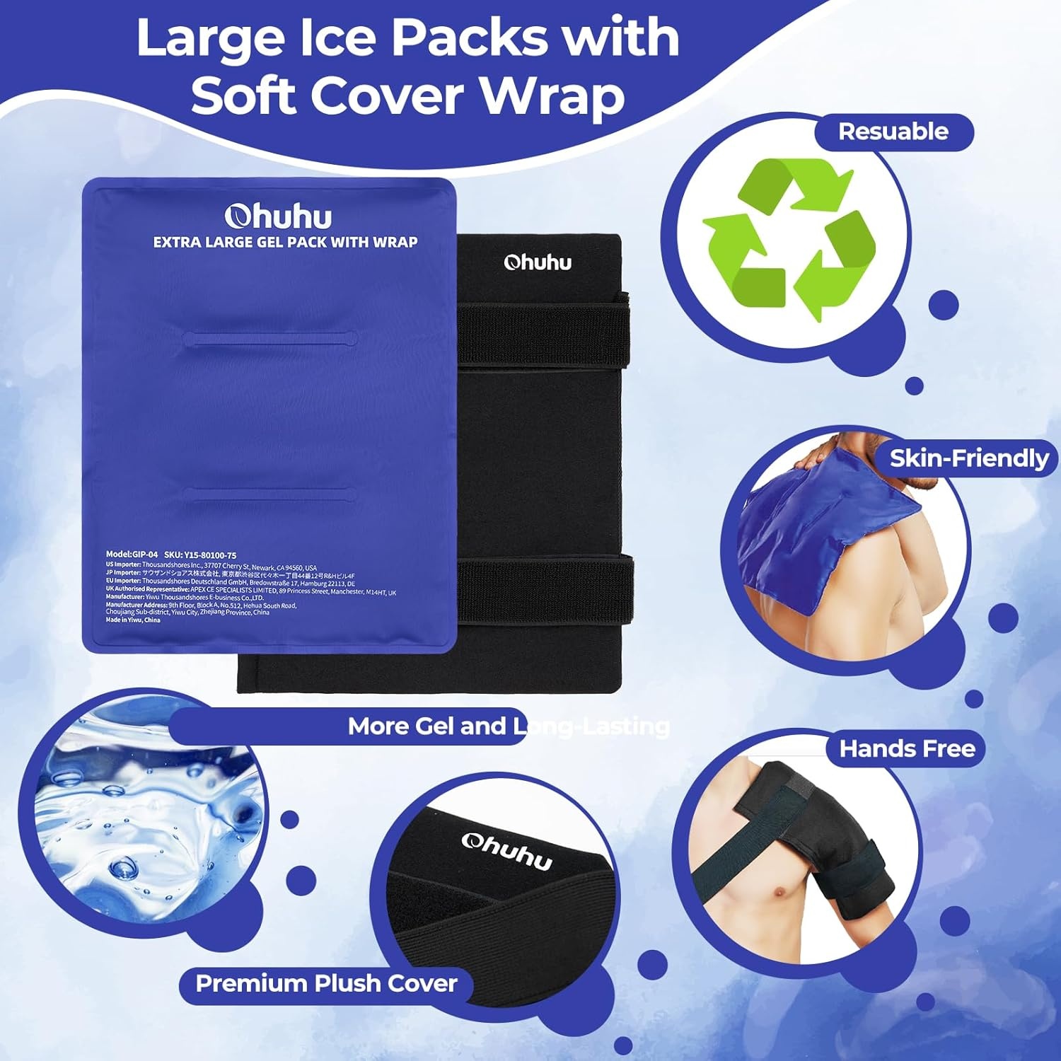 image:imageIce Packs for Injuries 14 X 11 Ohuhu 2 Pack Hot Cold Gel Ice Pack XLarge Reusable Ice Packs with Wrap Flexible Pain Relief for Shoulder Legs Knee Back Hip Aches Injury Muscle PainBlueBlue