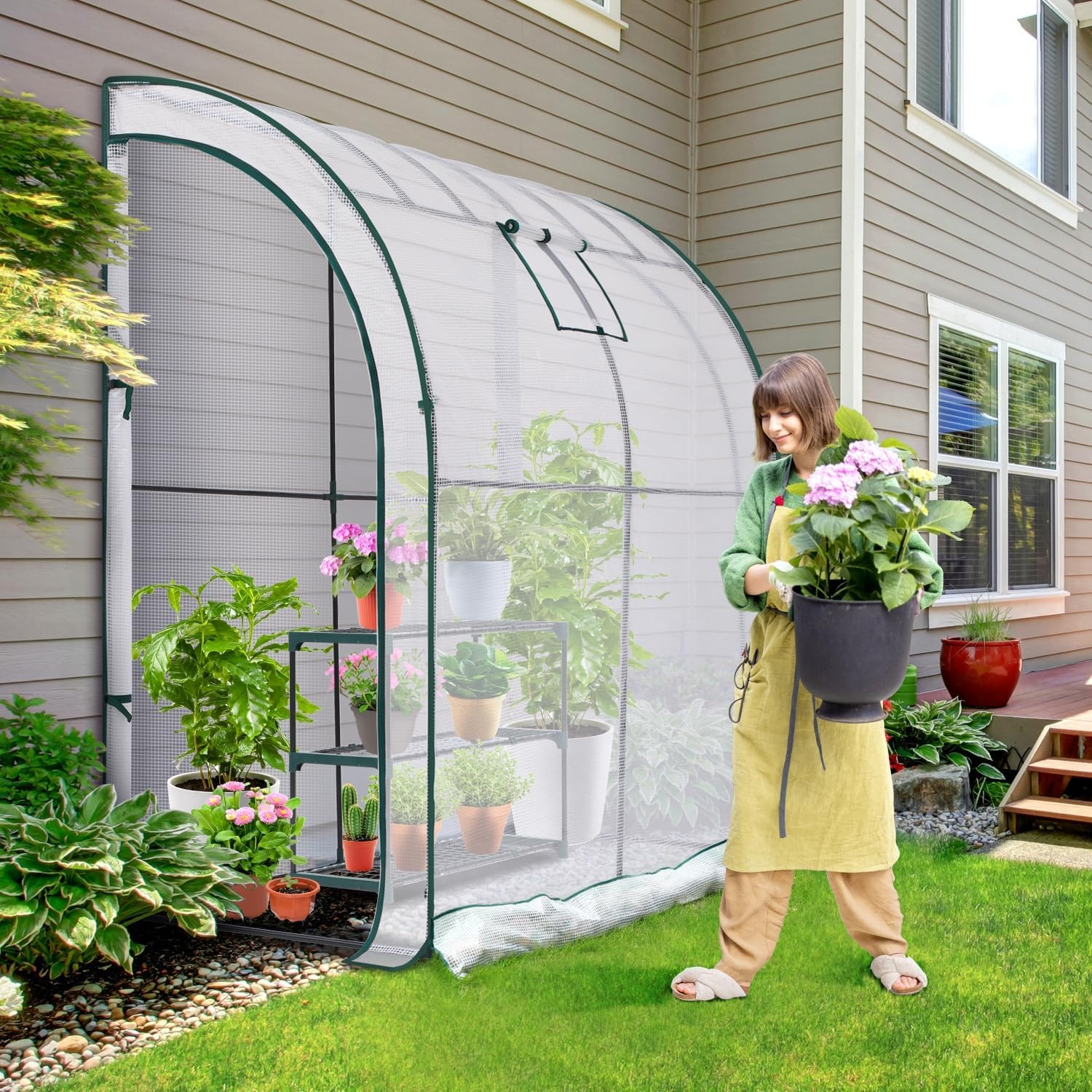 image:imageLeanto Greenhouse with 3Tier Shelves Ohuhu Portable Walkin Wall Mounted Green House with Mesh Windows 79x39x83 Large Greenhouses with 2 RollUp Zipper Doors Reinforced Structure for OutdoorsWhite