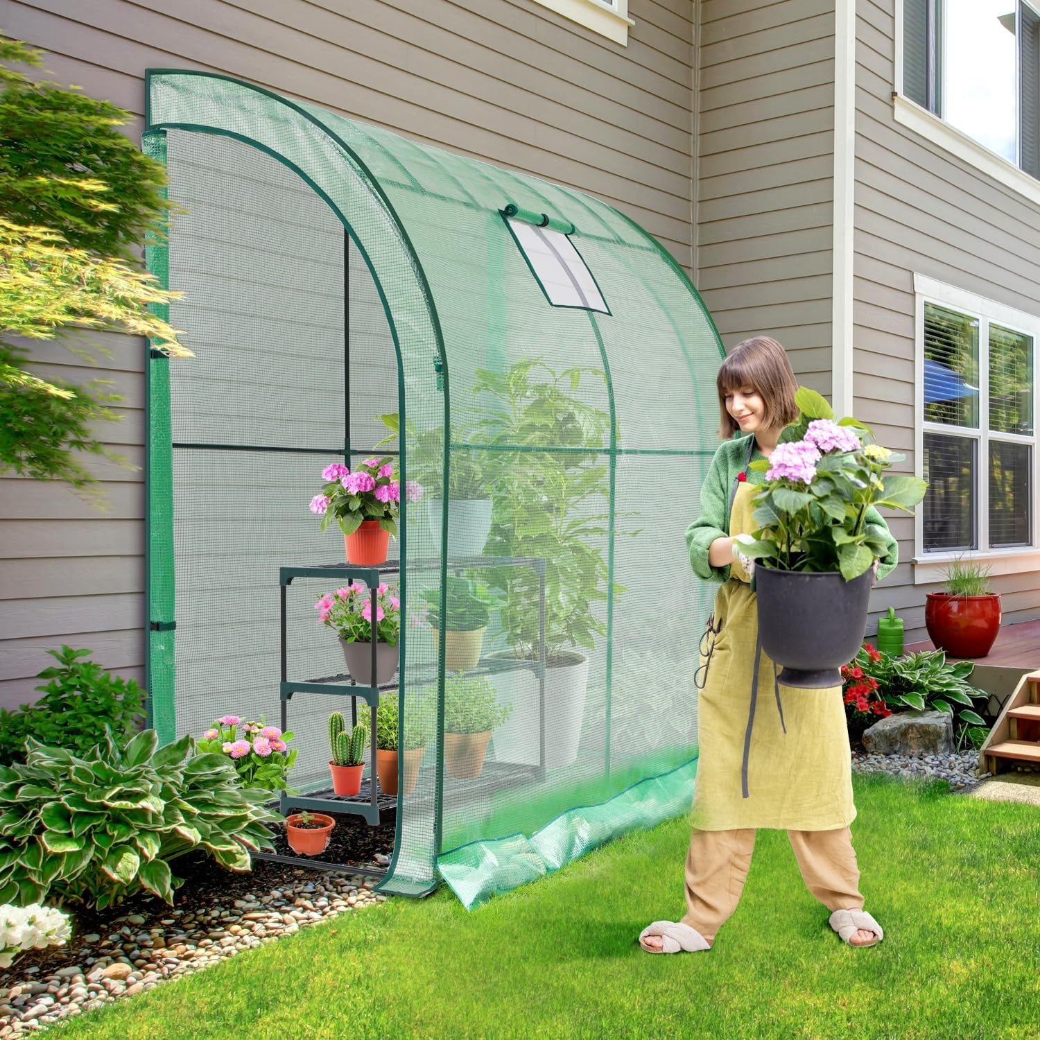 image:imageLeanto Greenhouse with 3Tier Shelves Ohuhu Portable Walkin Wall Mounted Green House with Mesh Windows 79x39x83 Large Greenhouses with 2 RollUp Zipper Doors Reinforced Structure for OutdoorsGreen