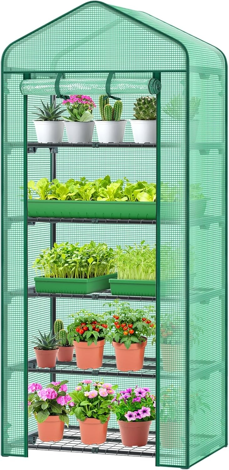 image:imageMini Greenhouse with Screen Roof Ohuhu Upgraded Portable 4 Tier Small Greenhouses for Outdoors Indoor with Reelable Door Heavy Duty Plastic Green House for Outside Garden Patio Yard Porch BalconyGreen