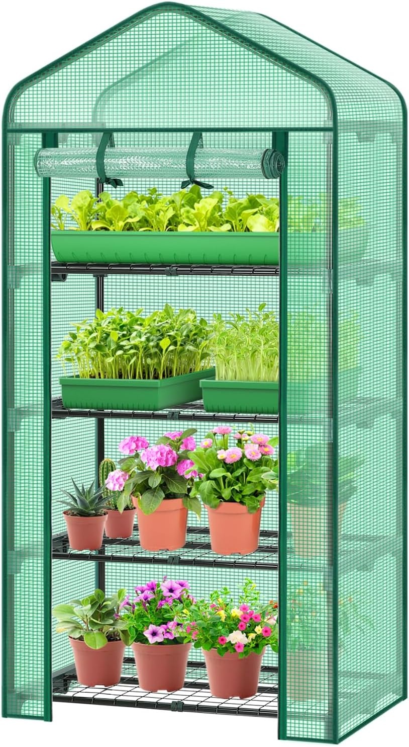image:imageMini Greenhouse with Screen Roof Ohuhu Upgraded Portable 4 Tier Small Greenhouses for Outdoors Indoor with Reelable Door Heavy Duty Plastic Green House for Outside Garden Patio Yard Porch BalconyGreen