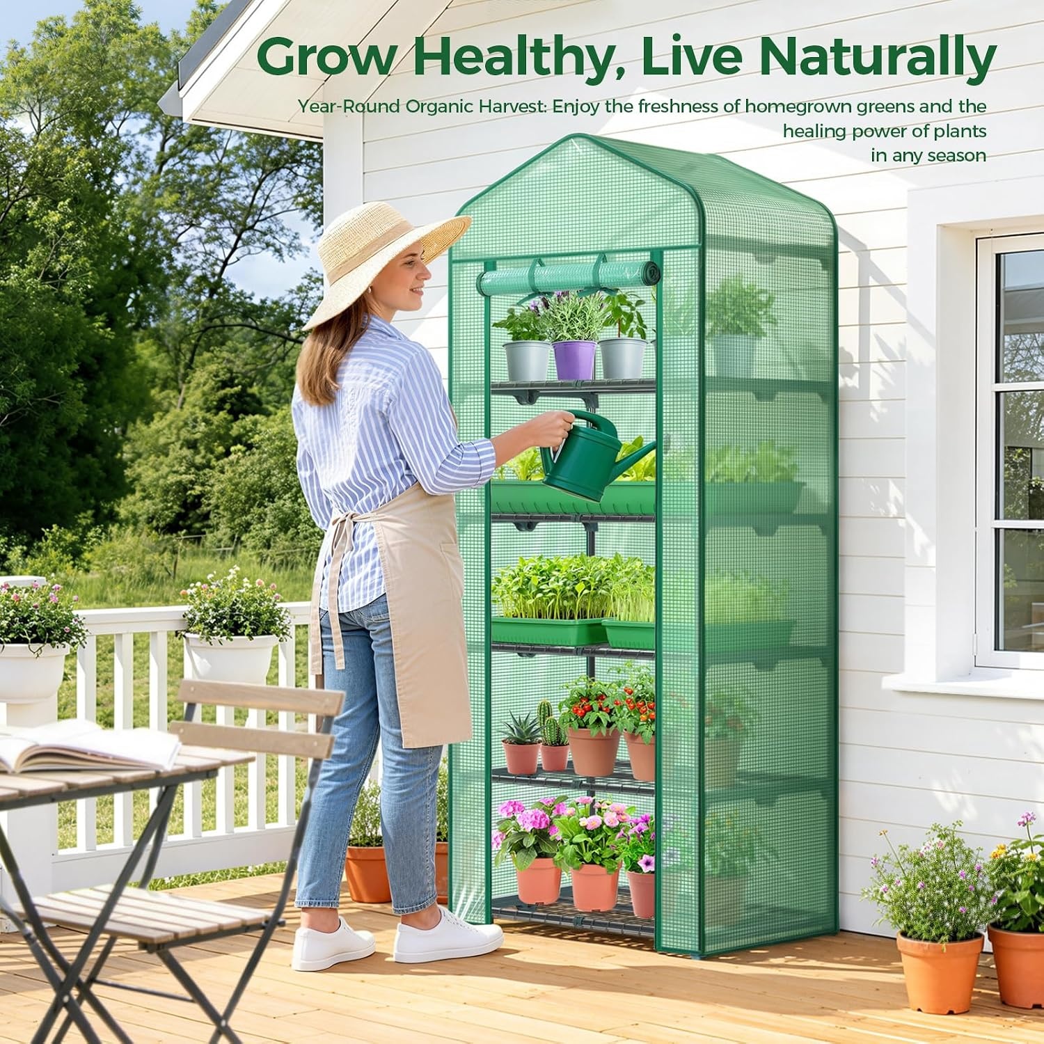 image:imageMini Greenhouse with Screen Roof Ohuhu Upgraded Portable 4 Tier Small Greenhouses for Outdoors Indoor with Reelable Door Heavy Duty Plastic Green House for Outside Garden Patio Yard Porch BalconyGreen