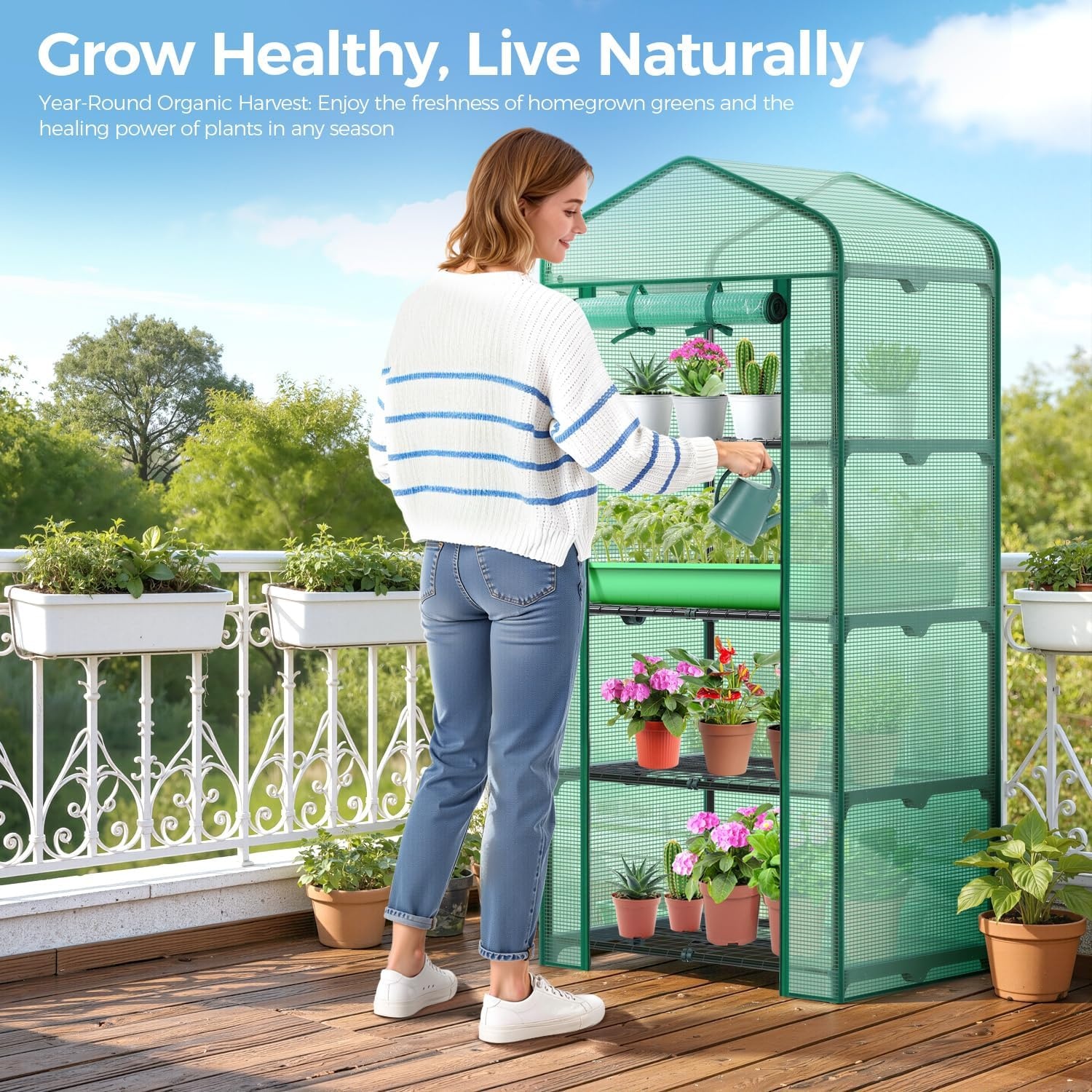 image:imageMini Greenhouse with Screen Roof Ohuhu Upgraded Portable 4 Tier Small Greenhouses for Outdoors Indoor with Reelable Door Heavy Duty Plastic Green House for Outside Garden Patio Yard Porch BalconyGreen