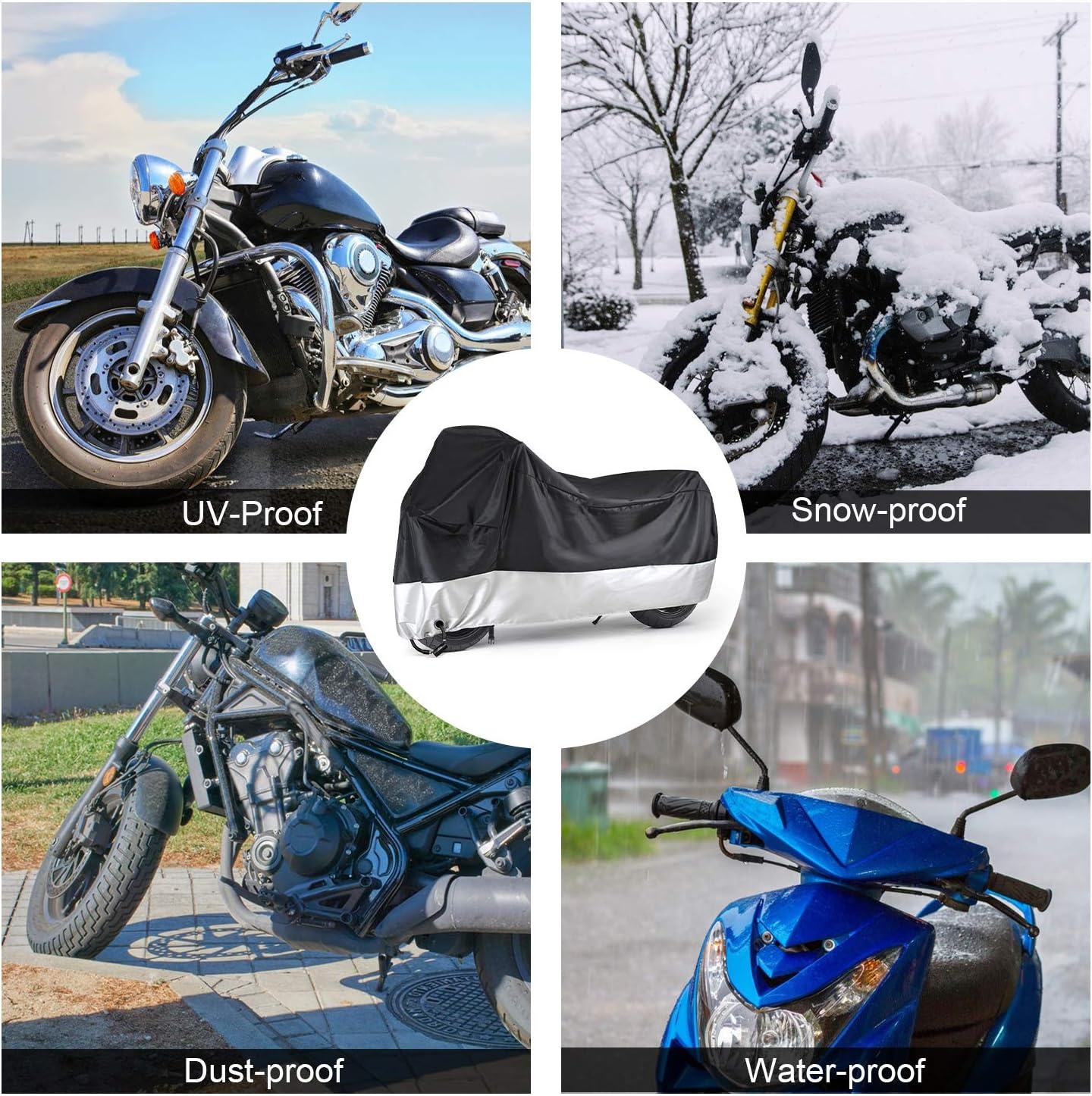 image:imageMotorcycle Cover Ohuhu All Season Waterproof Snowproof Motorbike Covers with Lock Holes Fits up to 108 Motors Bikes Scooters for Honda Yamaha Suzuki Harley KawasakiXX Large BlackSilver