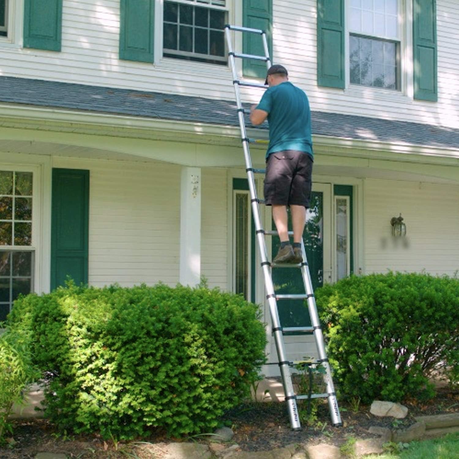 image:imageOhuhu 105 FT Aluminum Telescoping Ladder ANSI Certified OneButton Retraction Heavy Duty Extension Ladders Collapsible Ladder with Safe Slow Restoring for Roof RV Loft House