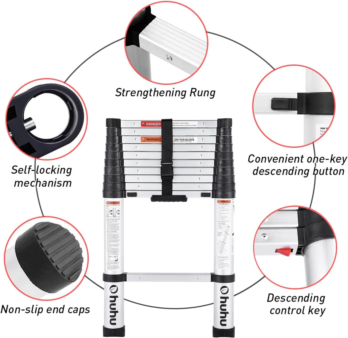 image:imageOhuhu 105 FT Aluminum Telescoping Ladder ANSI Certified OneButton Retraction Heavy Duty Extension Ladders Collapsible Ladder with Safe Slow Restoring for Roof RV Loft House